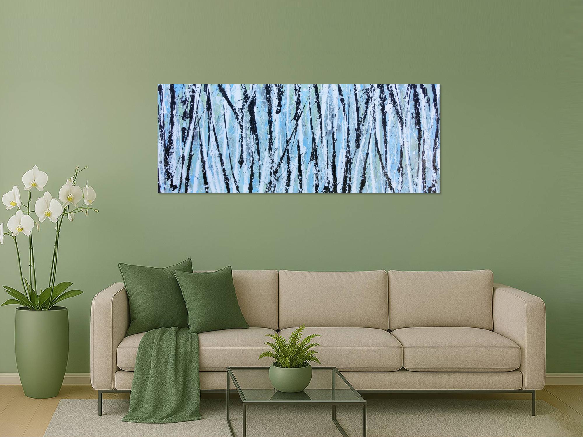 Modernes abstraktes Acrylbild in hellblau mintgrün grau schwaz weiß Actionpainting