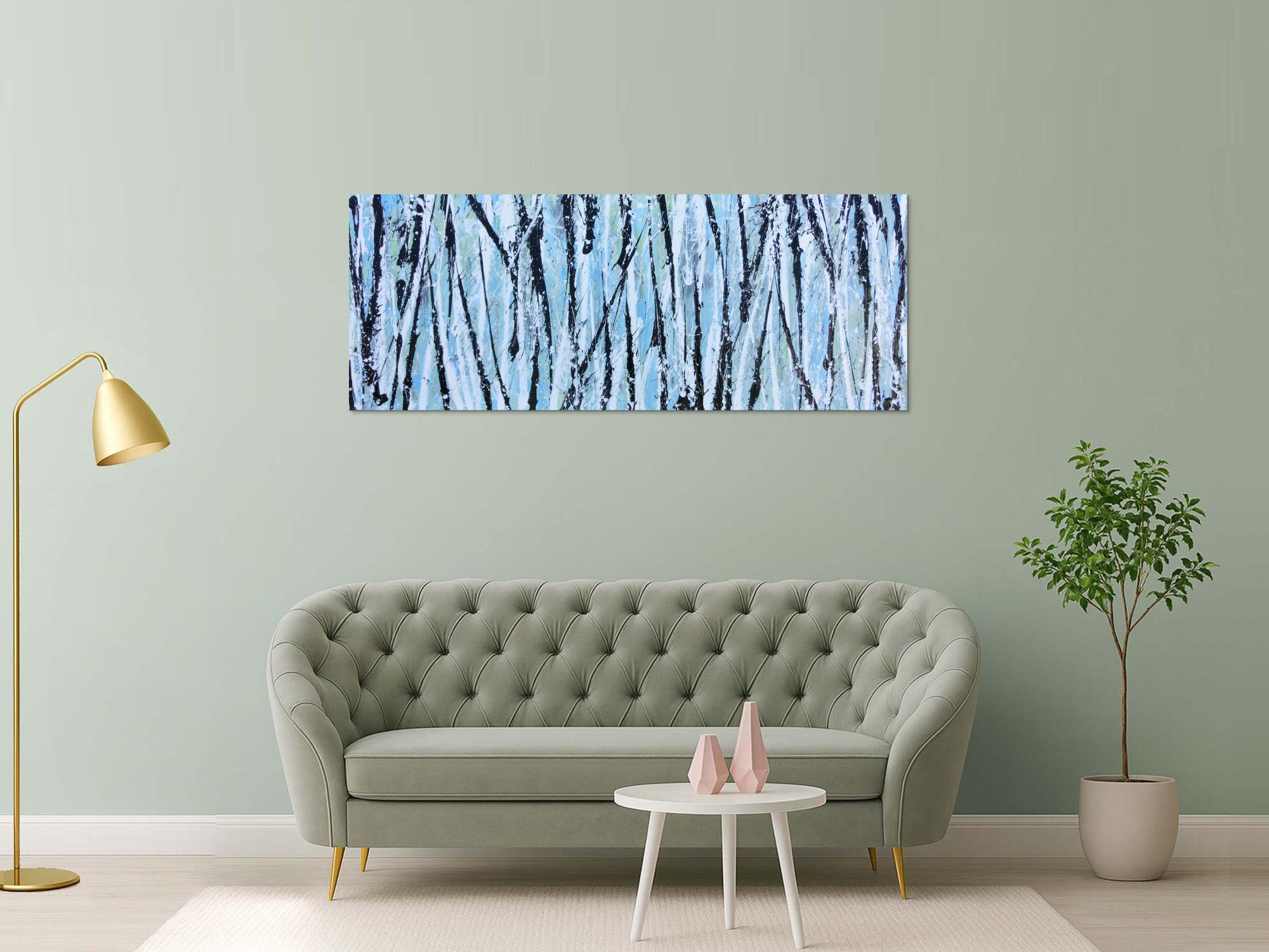 Modernes abstraktes Acrylbild in hellblau mintgrün grau schwaz weiß Actionpainting