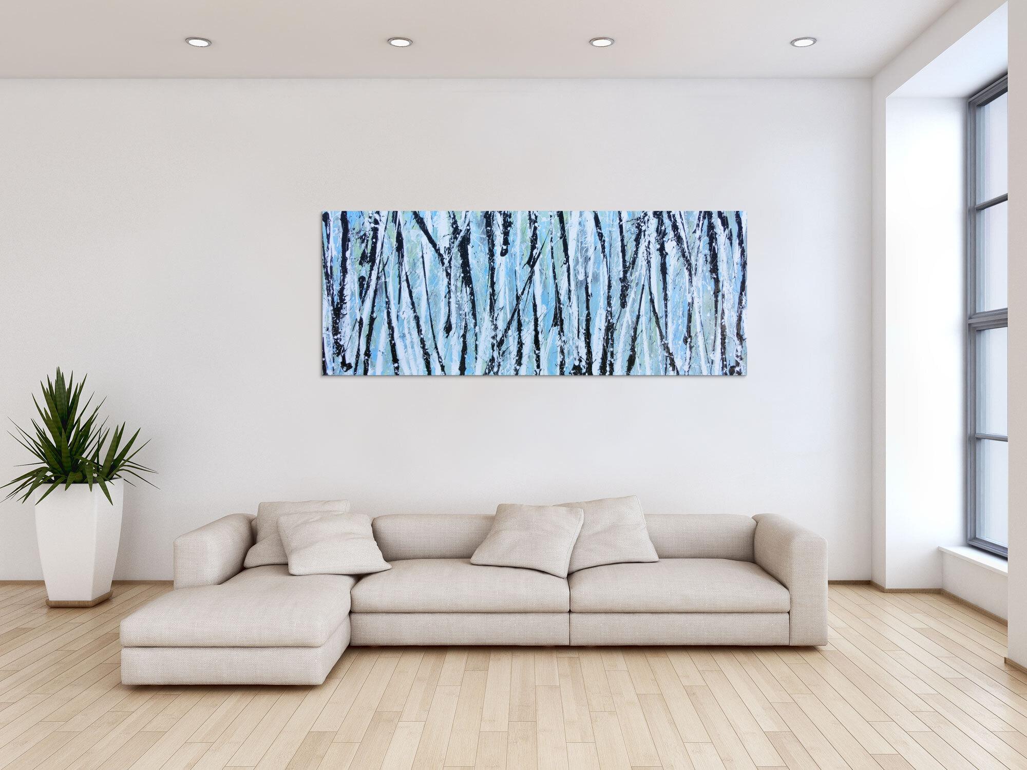 Modernes abstraktes Acrylbild in hellblau mintgrün grau schwaz weiß Actionpainting