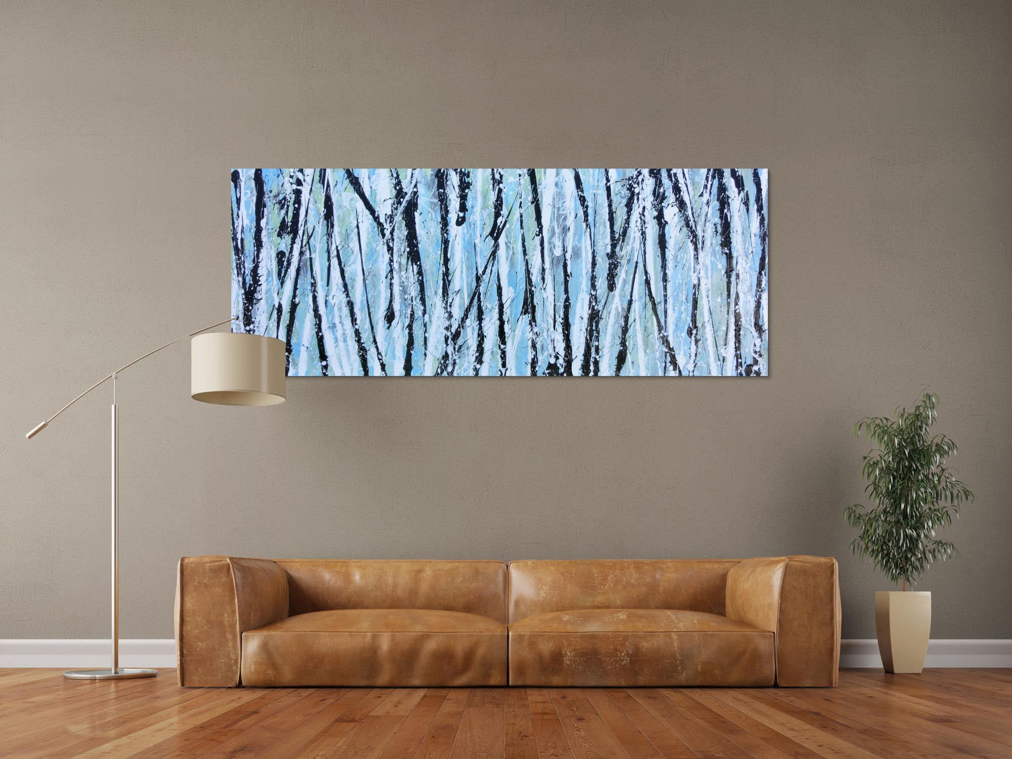 Modernes abstraktes Acrylbild in hellblau mintgrün grau schwaz weiß Actionpainting