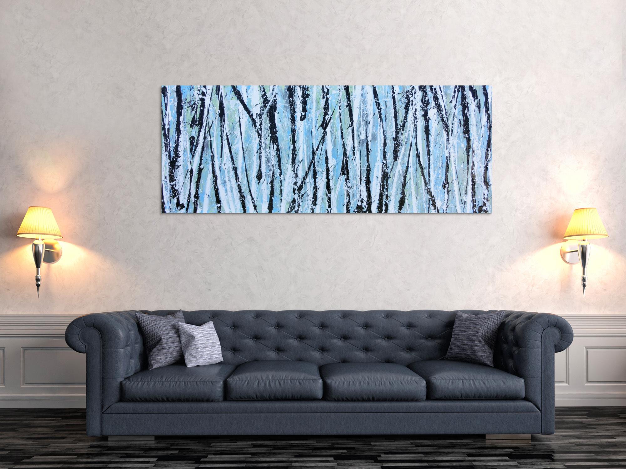 Modernes abstraktes Acrylbild in hellblau mintgrün grau schwaz weiß Actionpainting