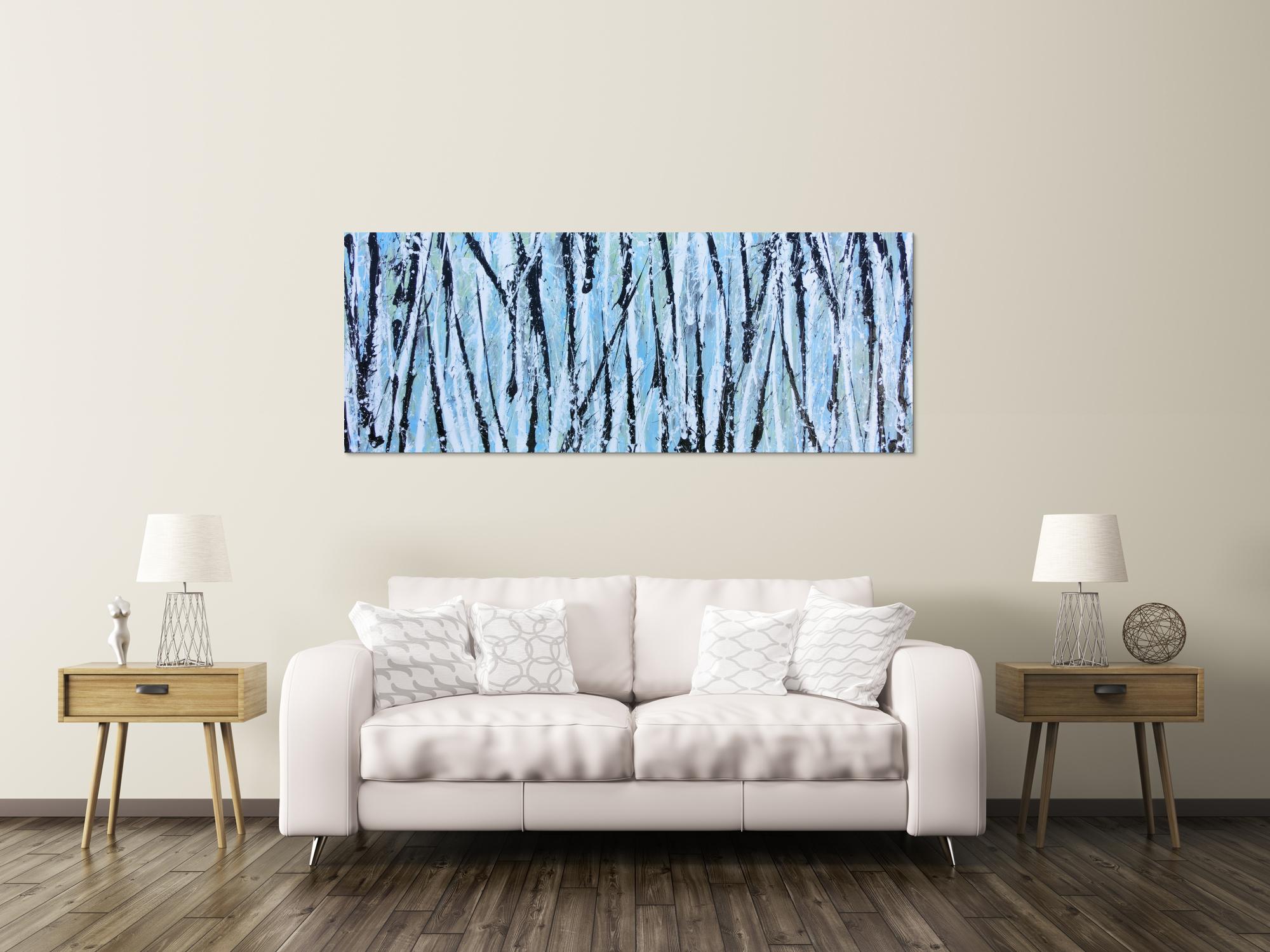 Modernes abstraktes Acrylbild in hellblau mintgrün grau schwaz weiß Actionpainting