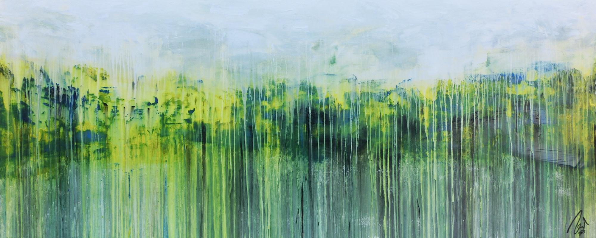 Abstraktes Gemälde aus Acryl handgemaltes Bild Fließtechnik in blau grün gelb weiß