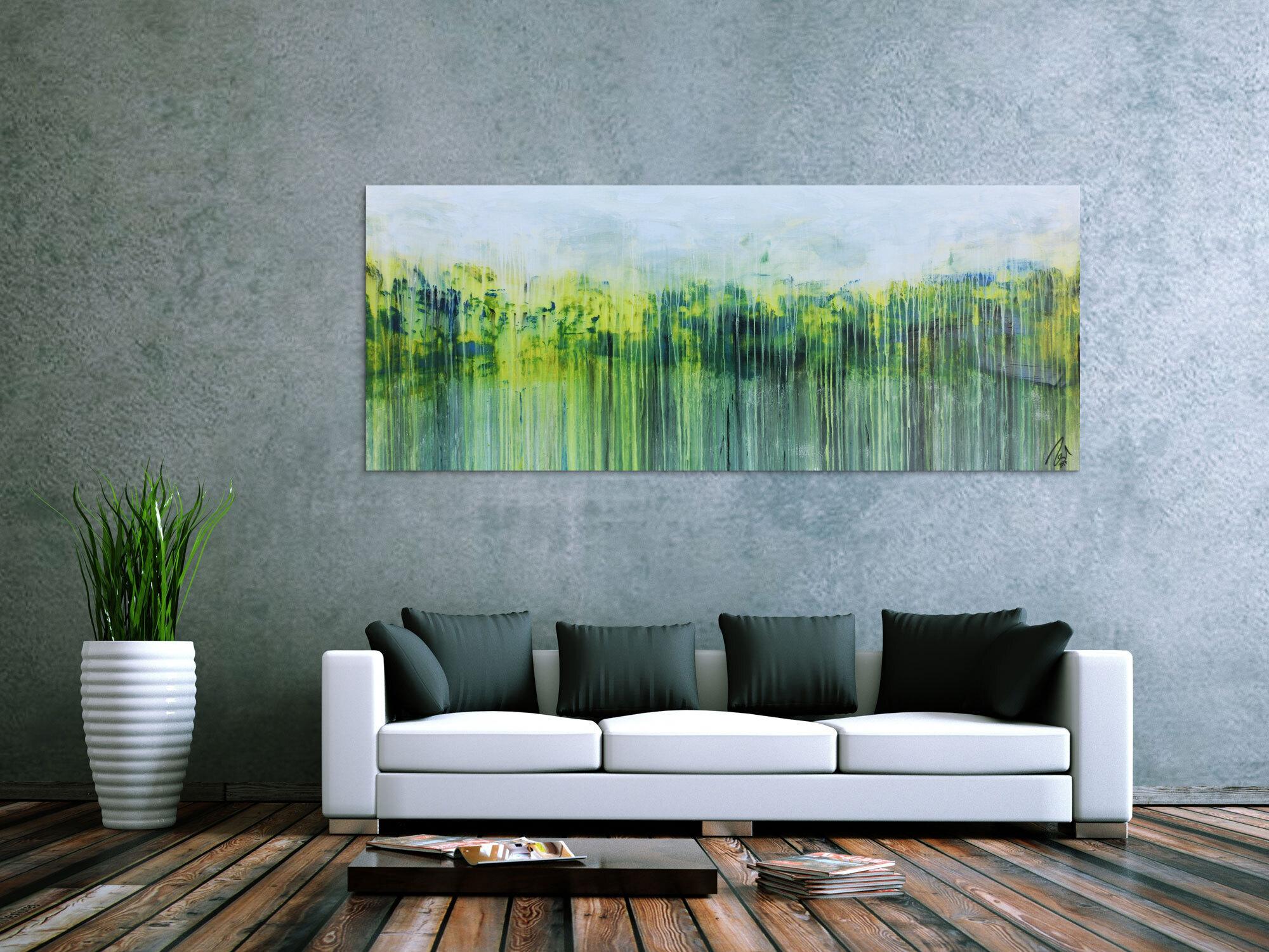 Abstraktes Gemälde aus Acryl handgemaltes Bild Fließtechnik in blau grün gelb weiß