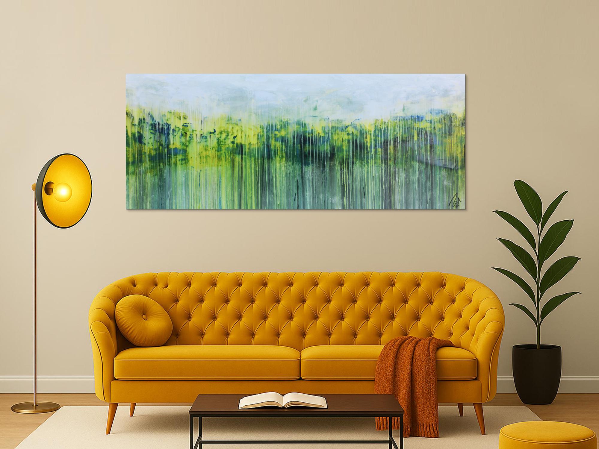 Abstraktes Gemälde aus Acryl handgemaltes Bild Fließtechnik in blau grün gelb weiß