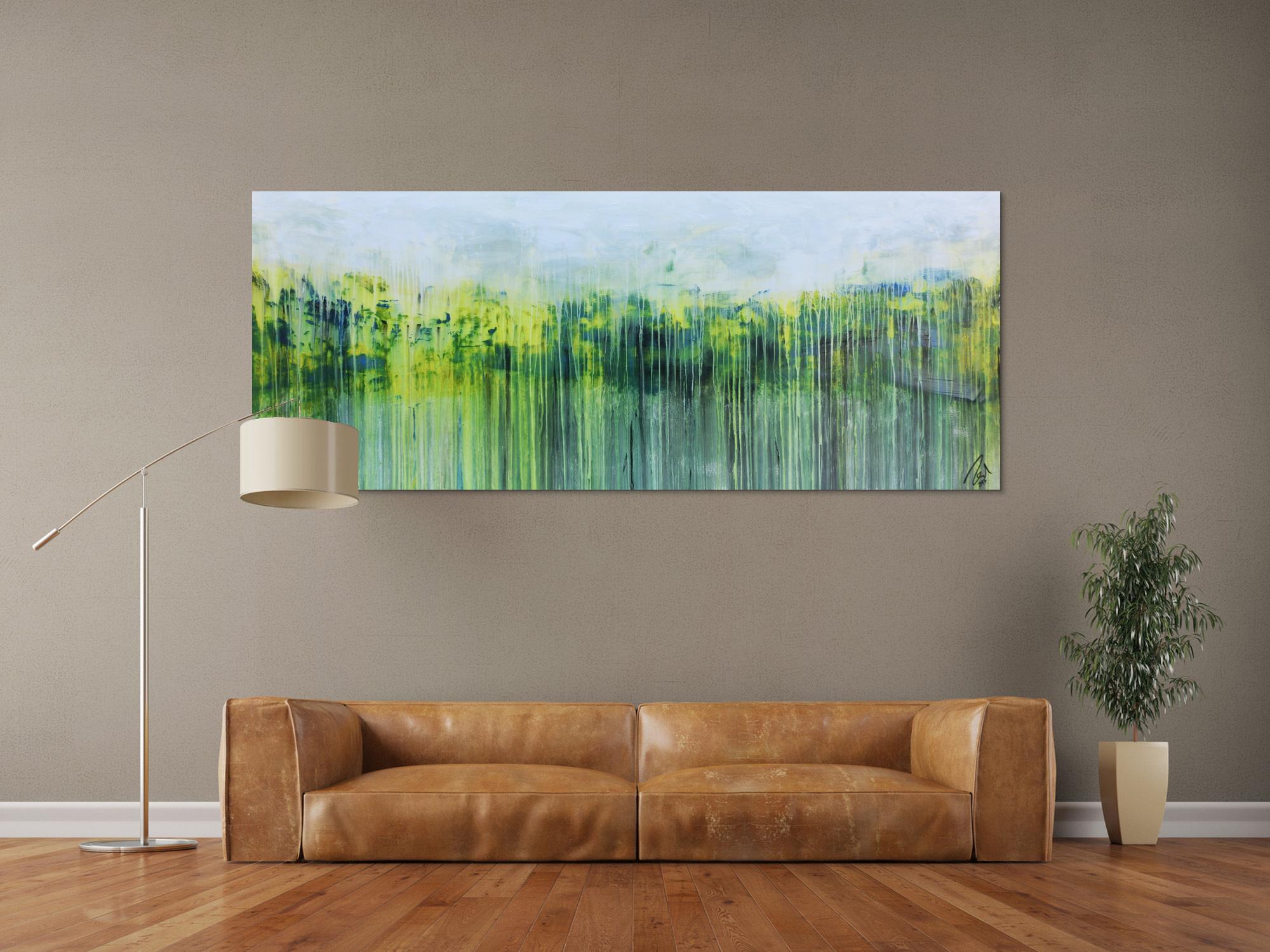 Abstraktes Gemälde aus Acryl handgemaltes Bild Fließtechnik in blau grün gelb weiß