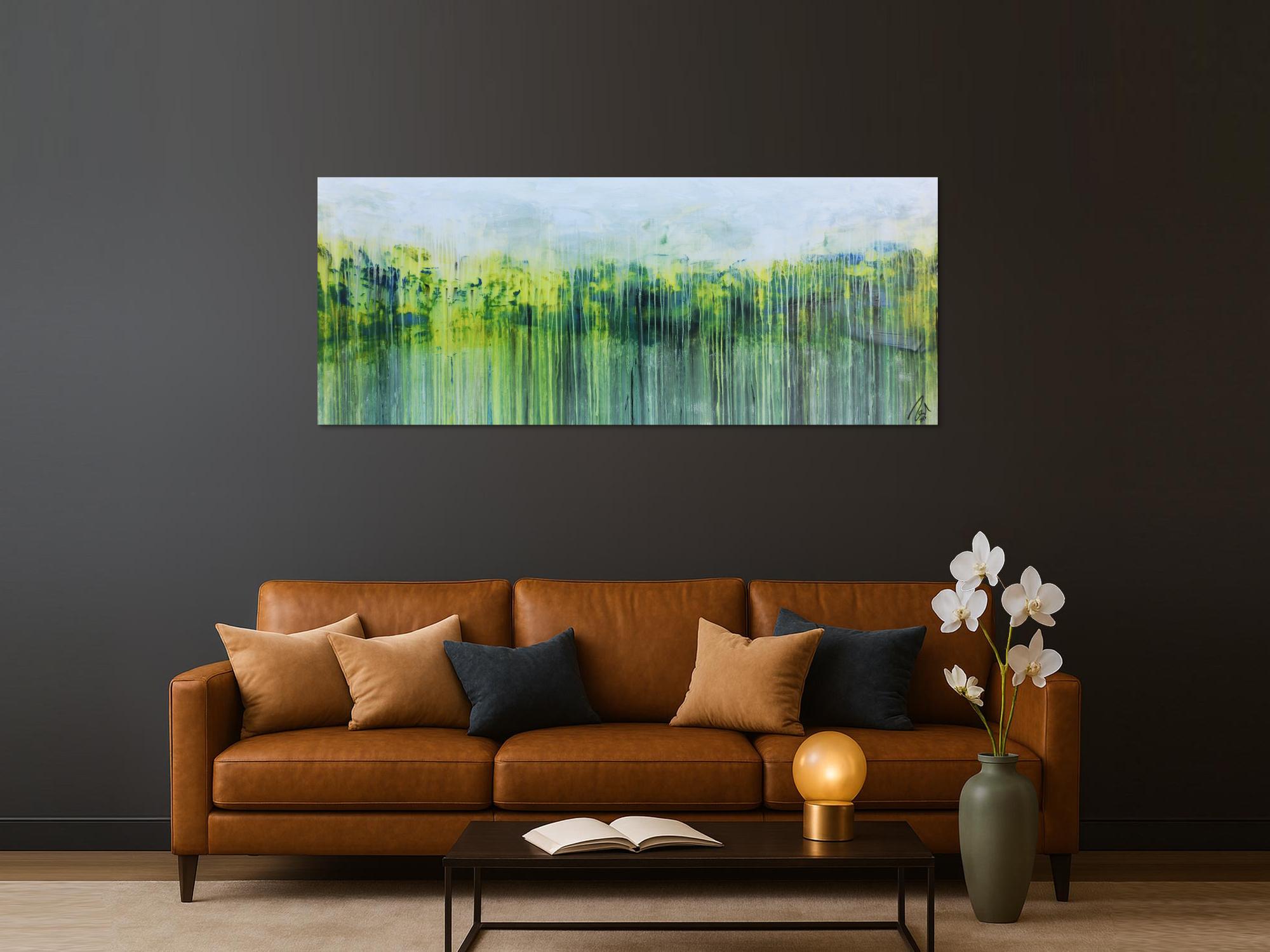 Abstraktes Gemälde aus Acryl handgemaltes Bild Fließtechnik in blau grün gelb weiß