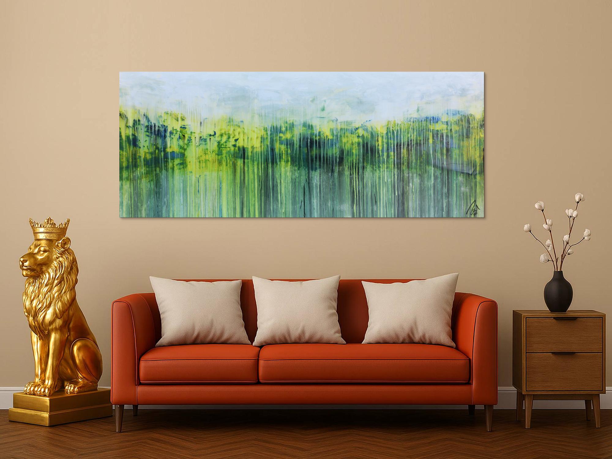 Abstraktes Gemälde aus Acryl handgemaltes Bild Fließtechnik in blau grün gelb weiß