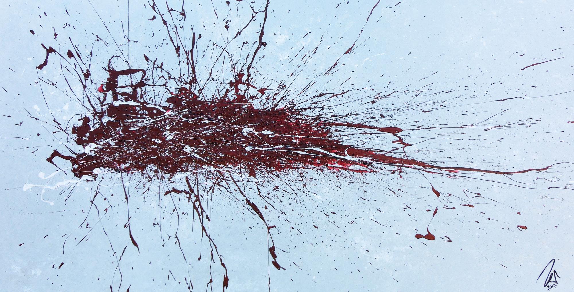 Abstraktes Bild Actionpainting roter Fleck auf silder grau