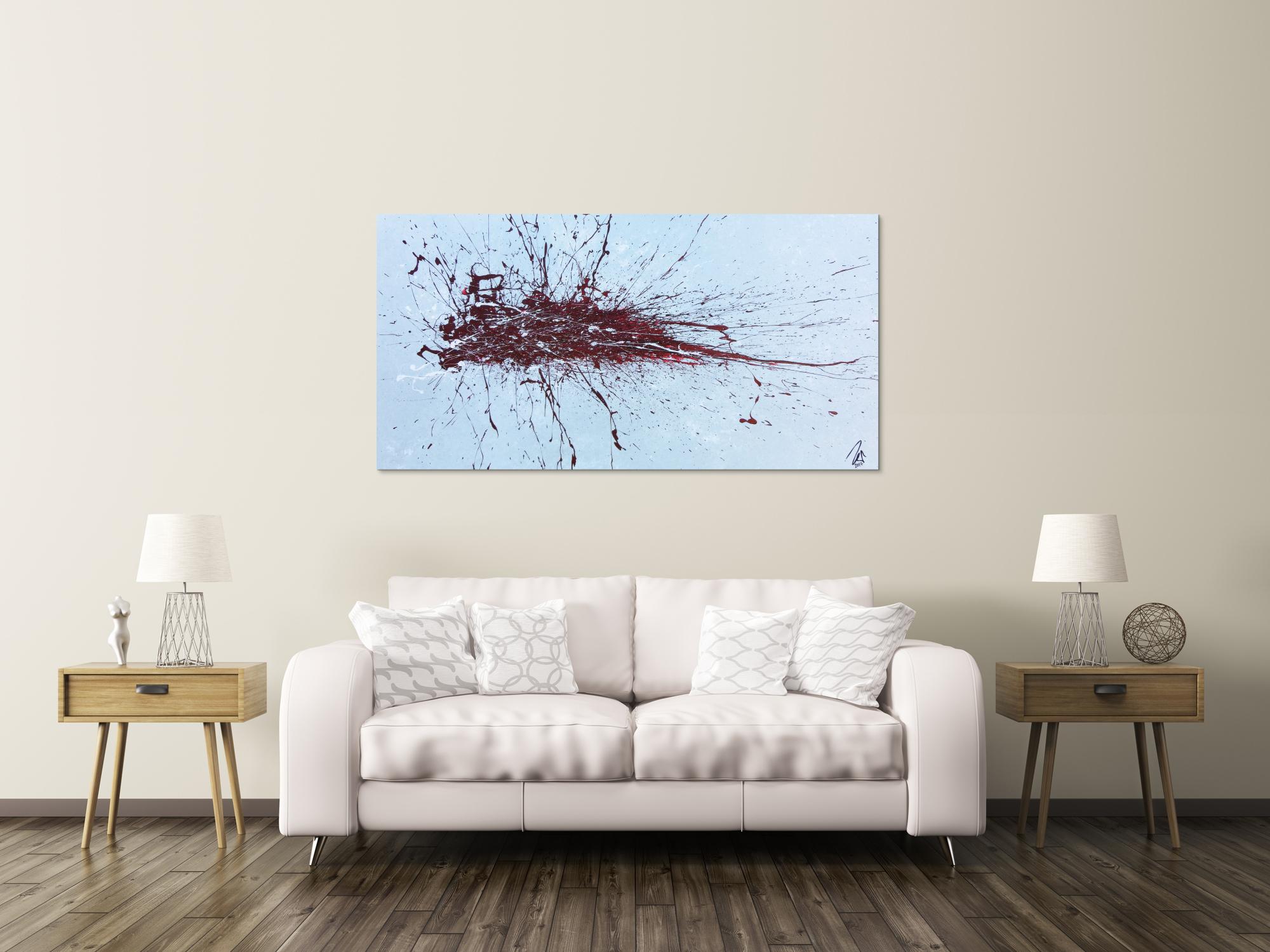 Abstraktes Bild Actionpainting roter Fleck auf silder grau