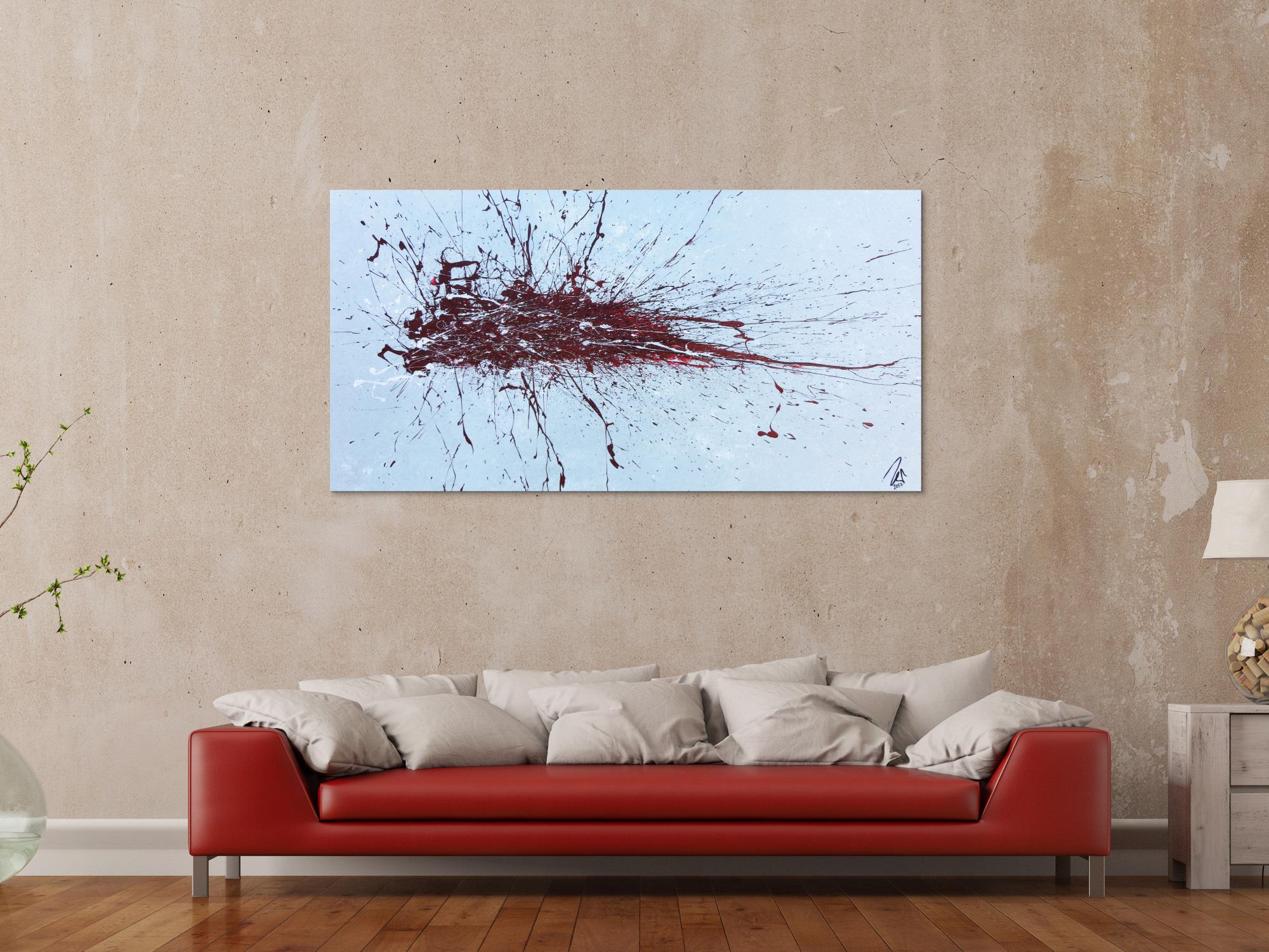 Abstraktes Bild Actionpainting roter Fleck auf silder grau