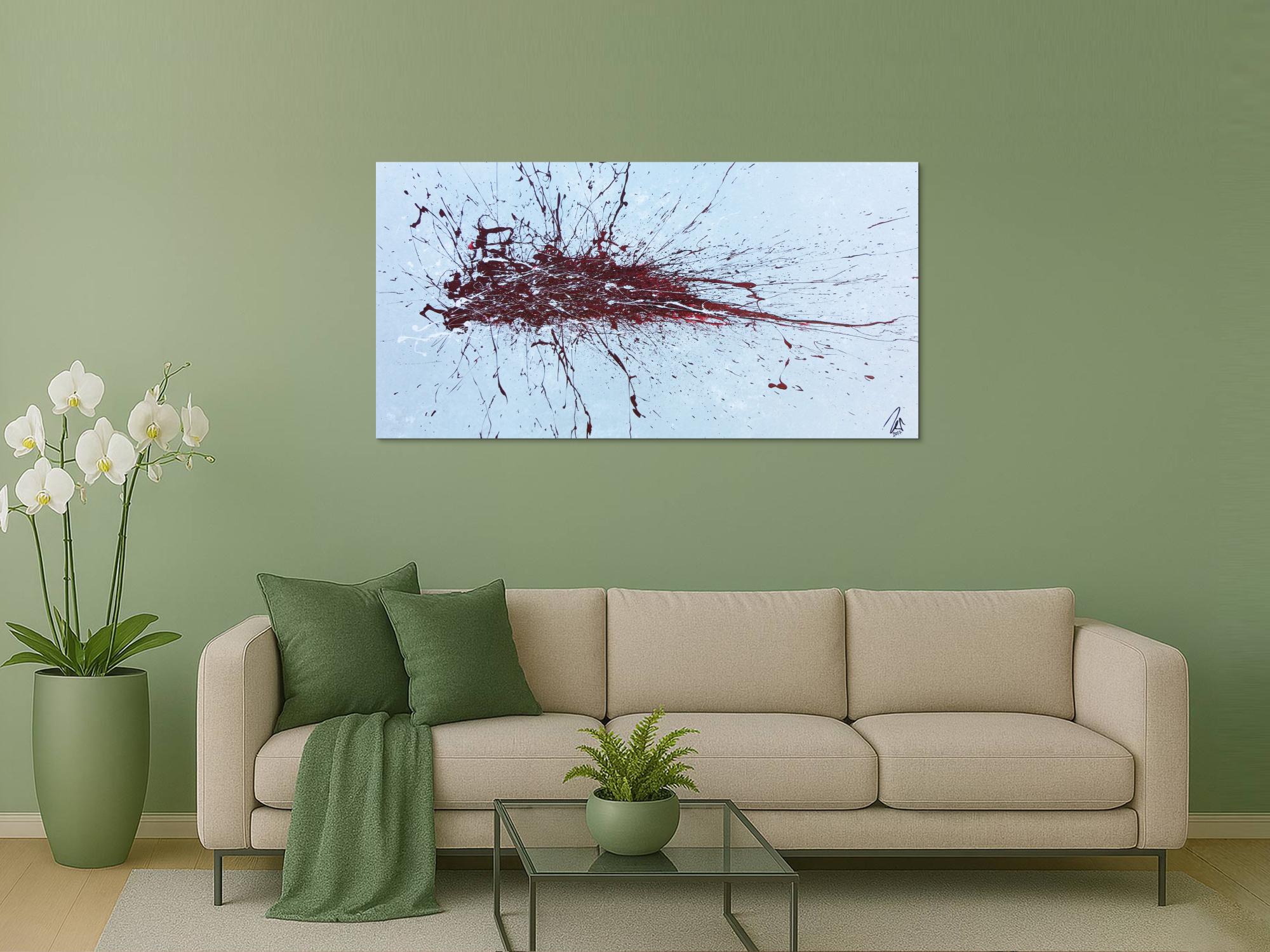 Abstraktes Bild Actionpainting roter Fleck auf silder grau