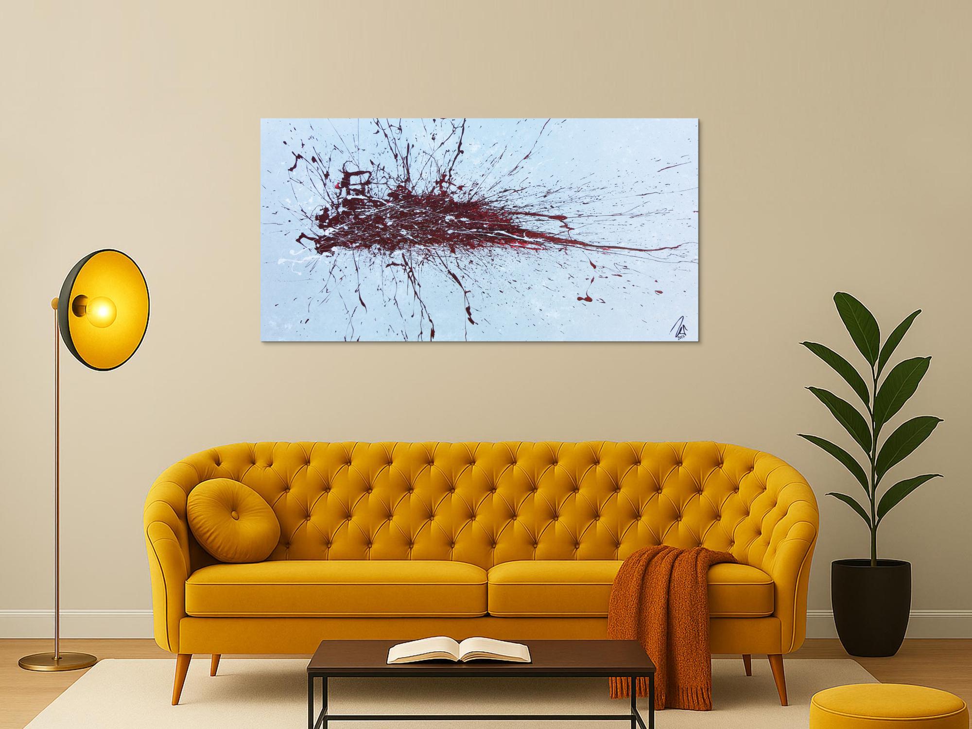 Abstraktes Bild Actionpainting roter Fleck auf silder grau