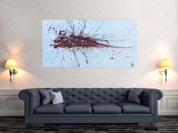 Abstraktes Bild Actionpainting roter Fleck auf silder grau