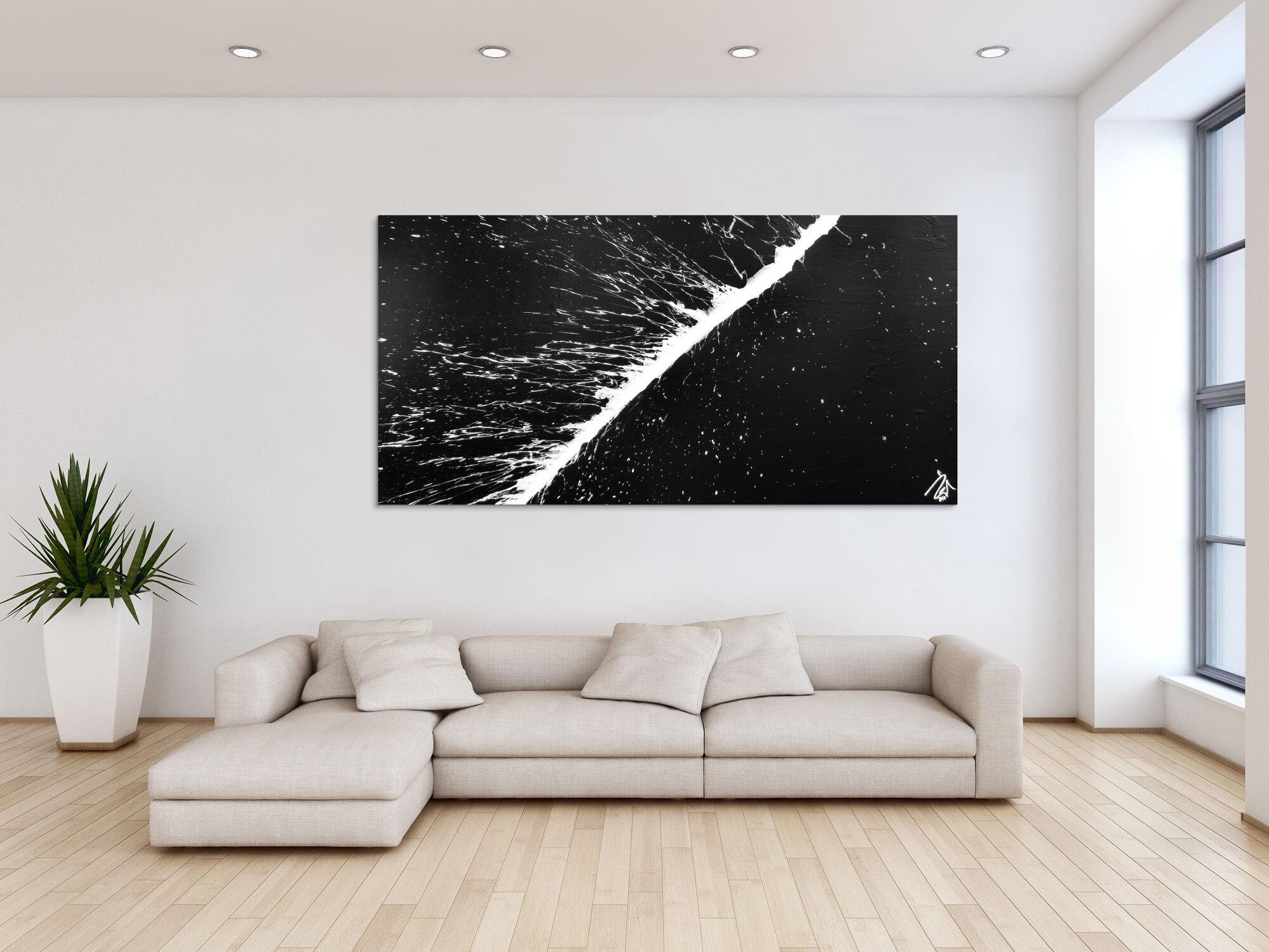 Minimalistisches Acrylbild schwarz weiß abstrakt modern schlicht Actionpainting Splash Art