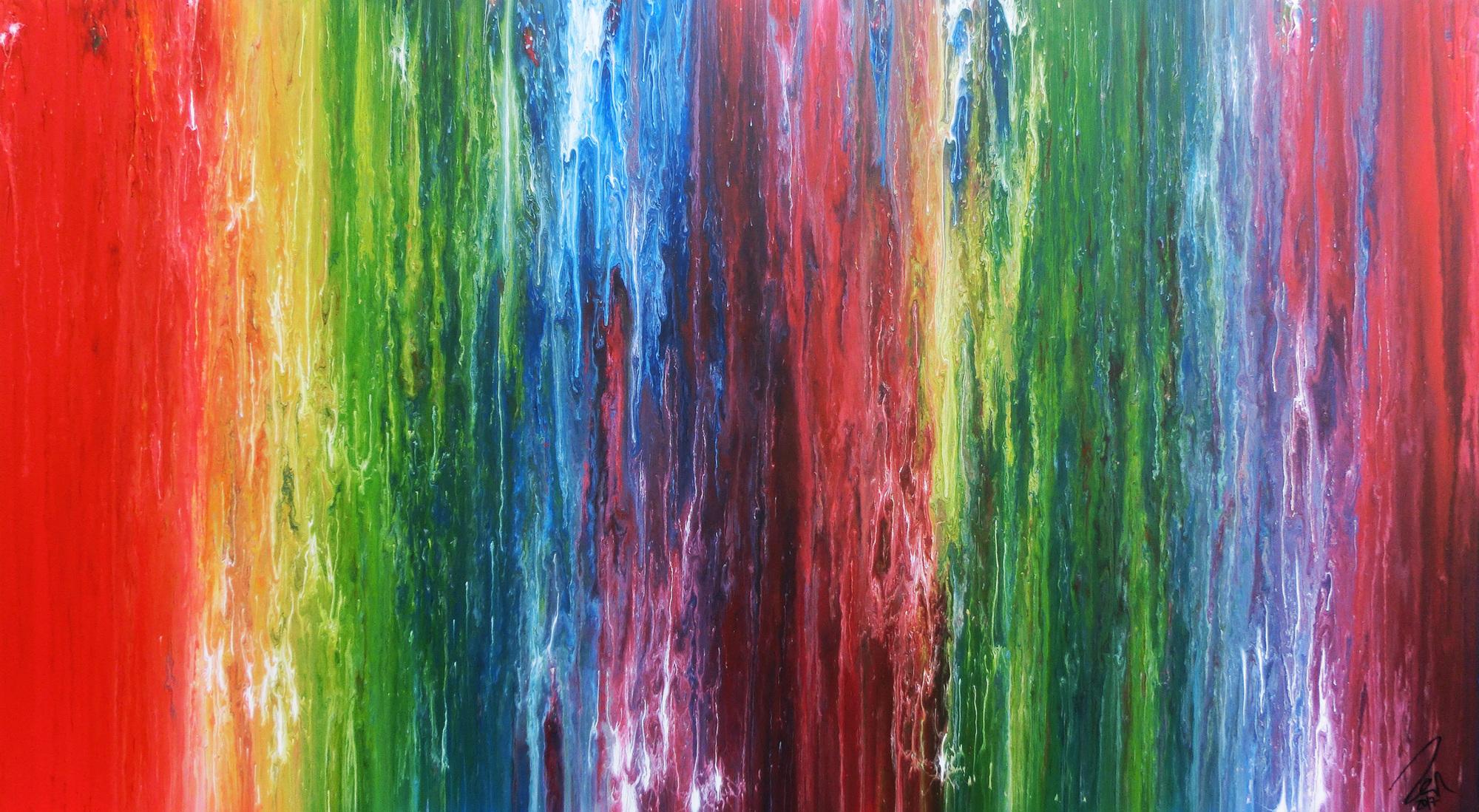 Sehr buntes abstraktes Acrylgemälde Fließtechnik leuchtende und intensive Farben