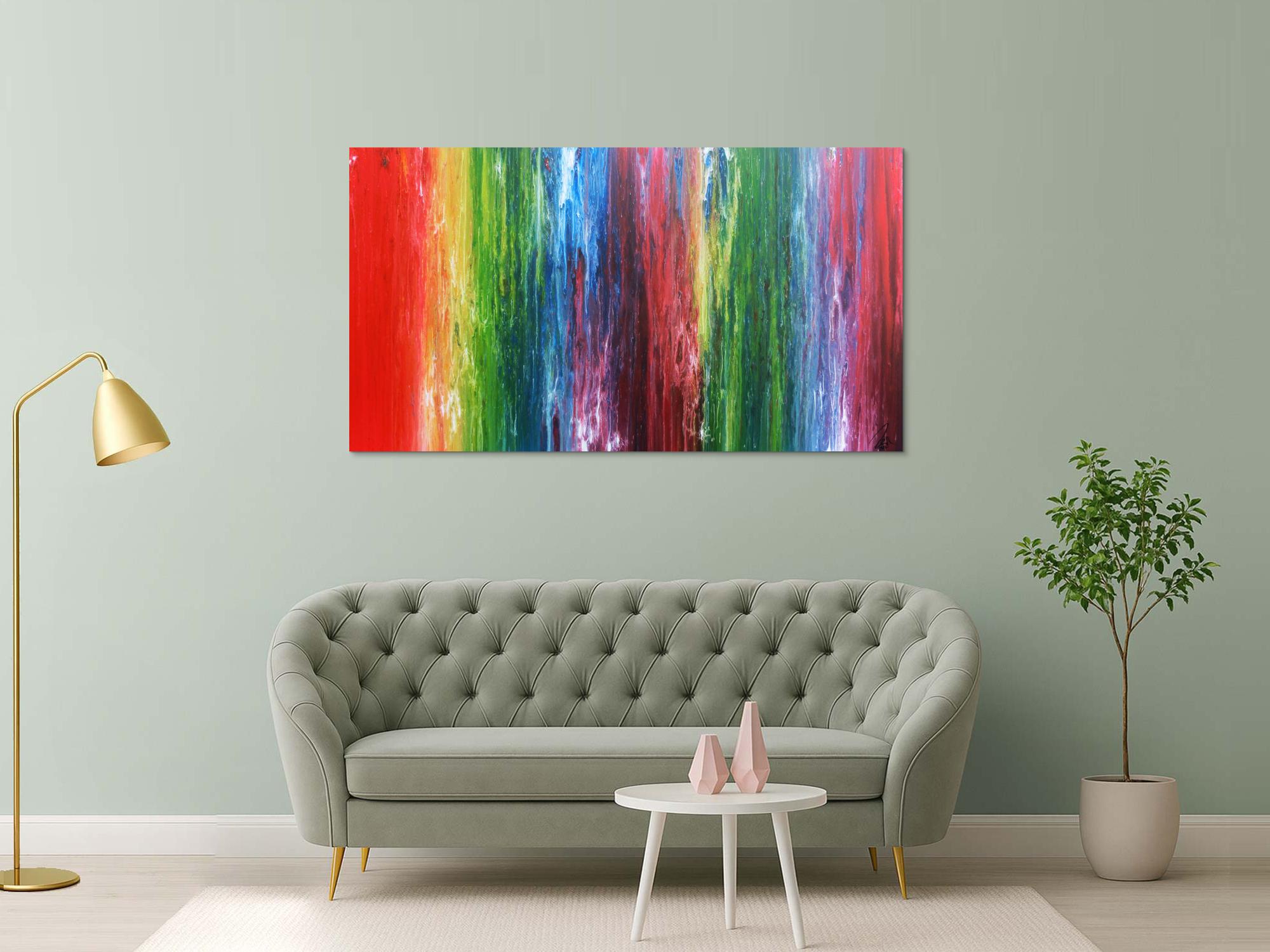 Sehr buntes abstraktes Acrylgemälde Fließtechnik leuchtende und intensive Farben