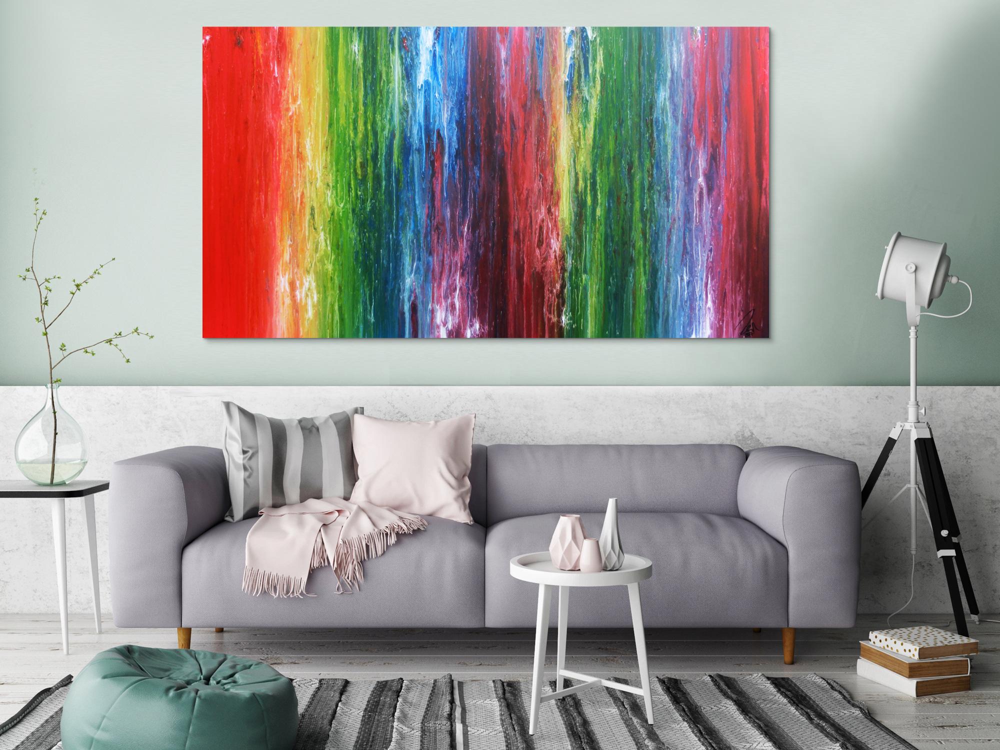 Sehr buntes abstraktes Acrylgemälde Fließtechnik leuchtende und intensive Farben