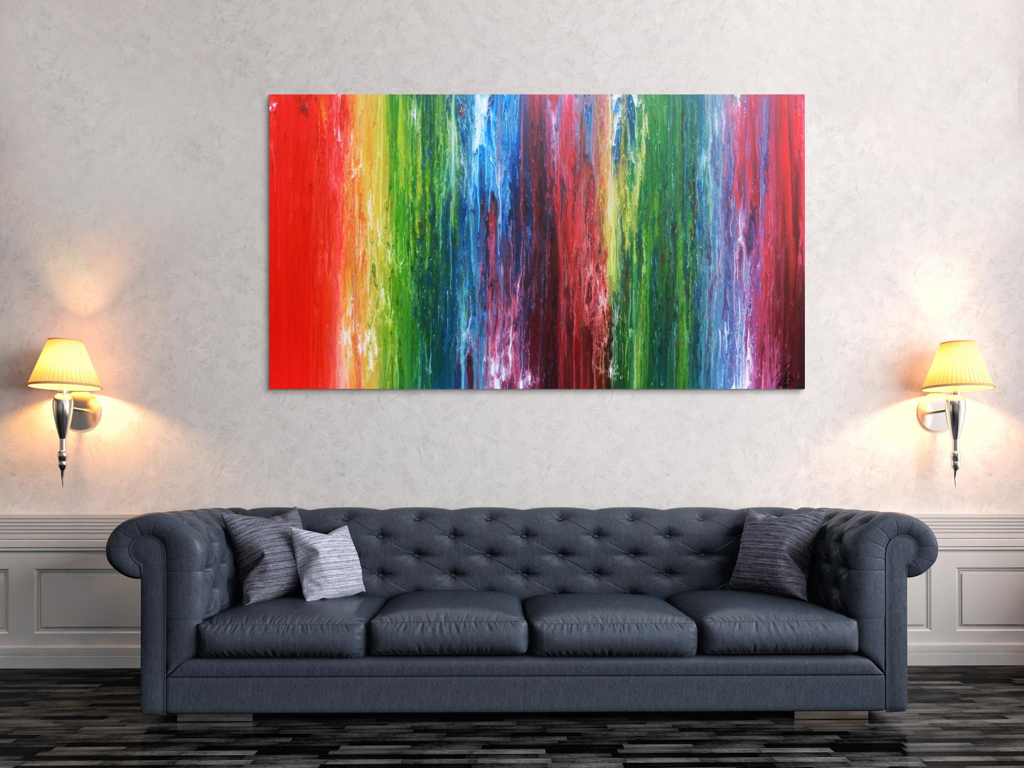 Sehr buntes abstraktes Acrylgemälde Fließtechnik leuchtende und intensive Farben