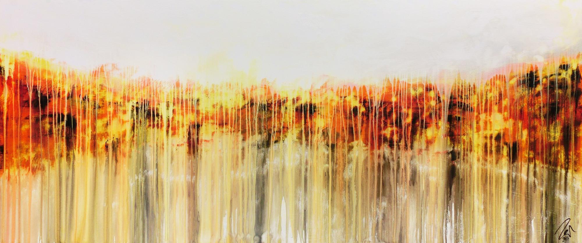 Abstraktes Acrylgemälde in orange gel weiß Fließtechnik helle Farben mediterran