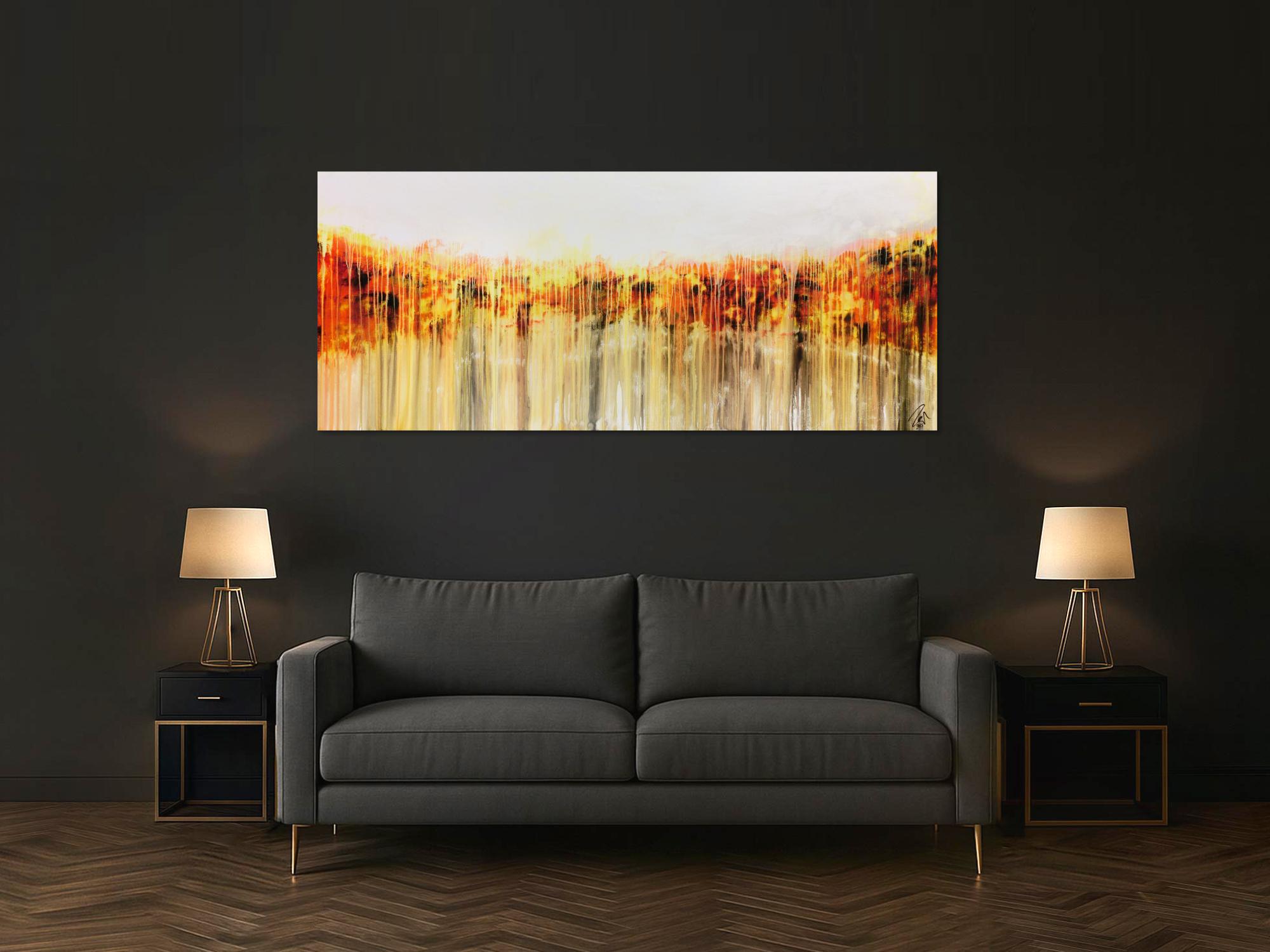 Abstraktes Acrylgemälde in orange gel weiß Fließtechnik helle Farben mediterran