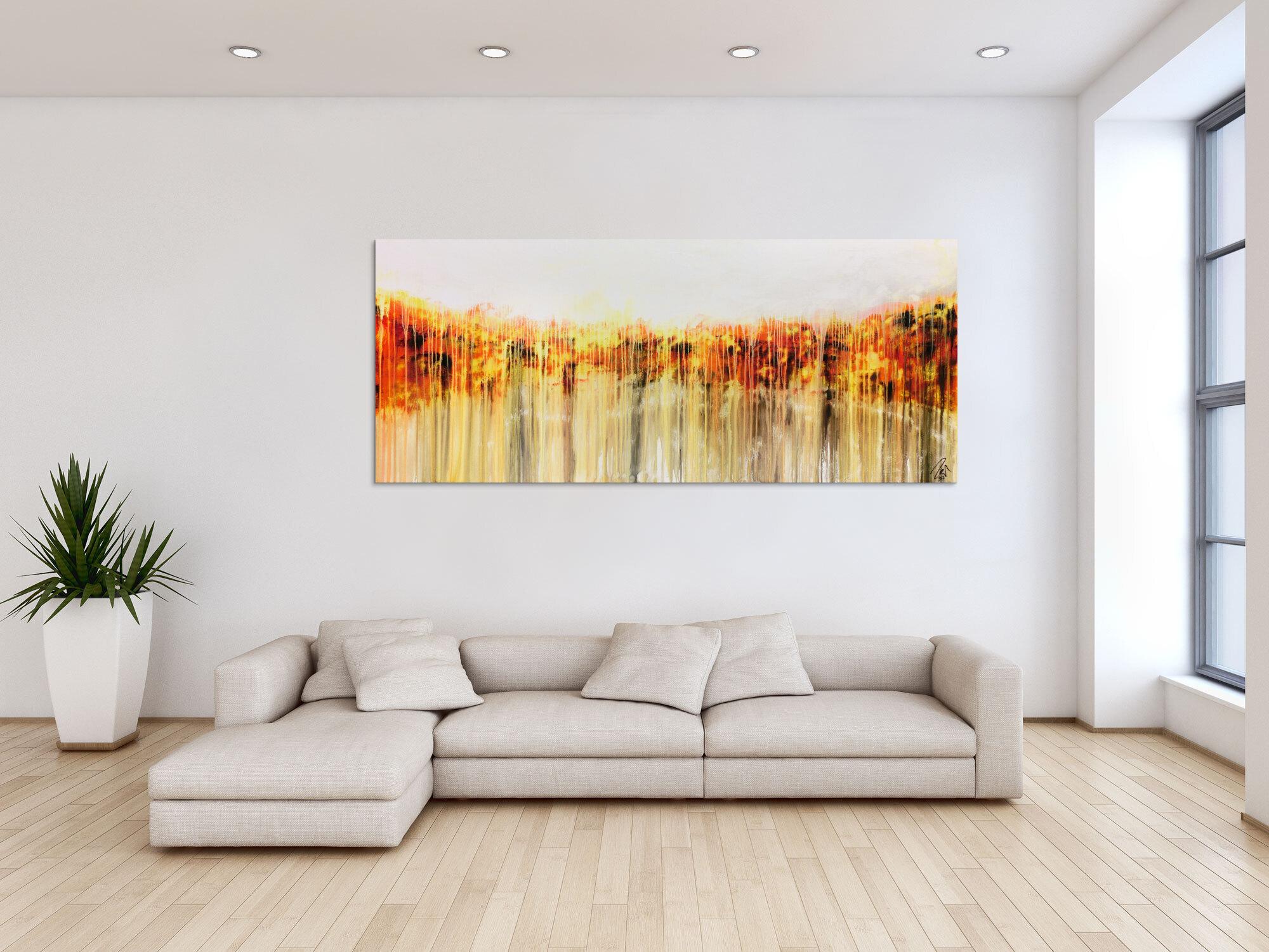 Abstraktes Acrylgemälde in orange gel weiß Fließtechnik helle Farben mediterran