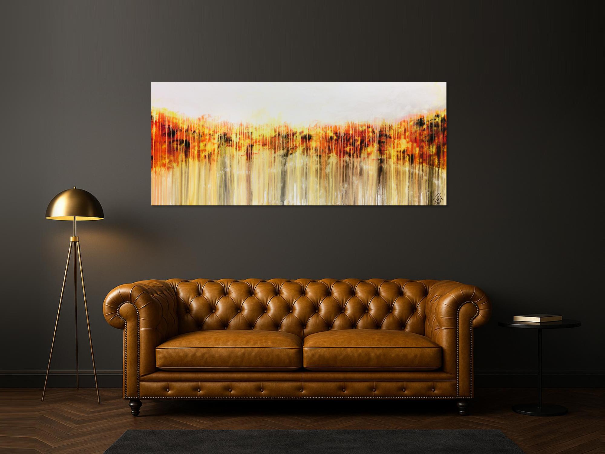 Abstraktes Acrylgemälde in orange gel weiß Fließtechnik helle Farben mediterran