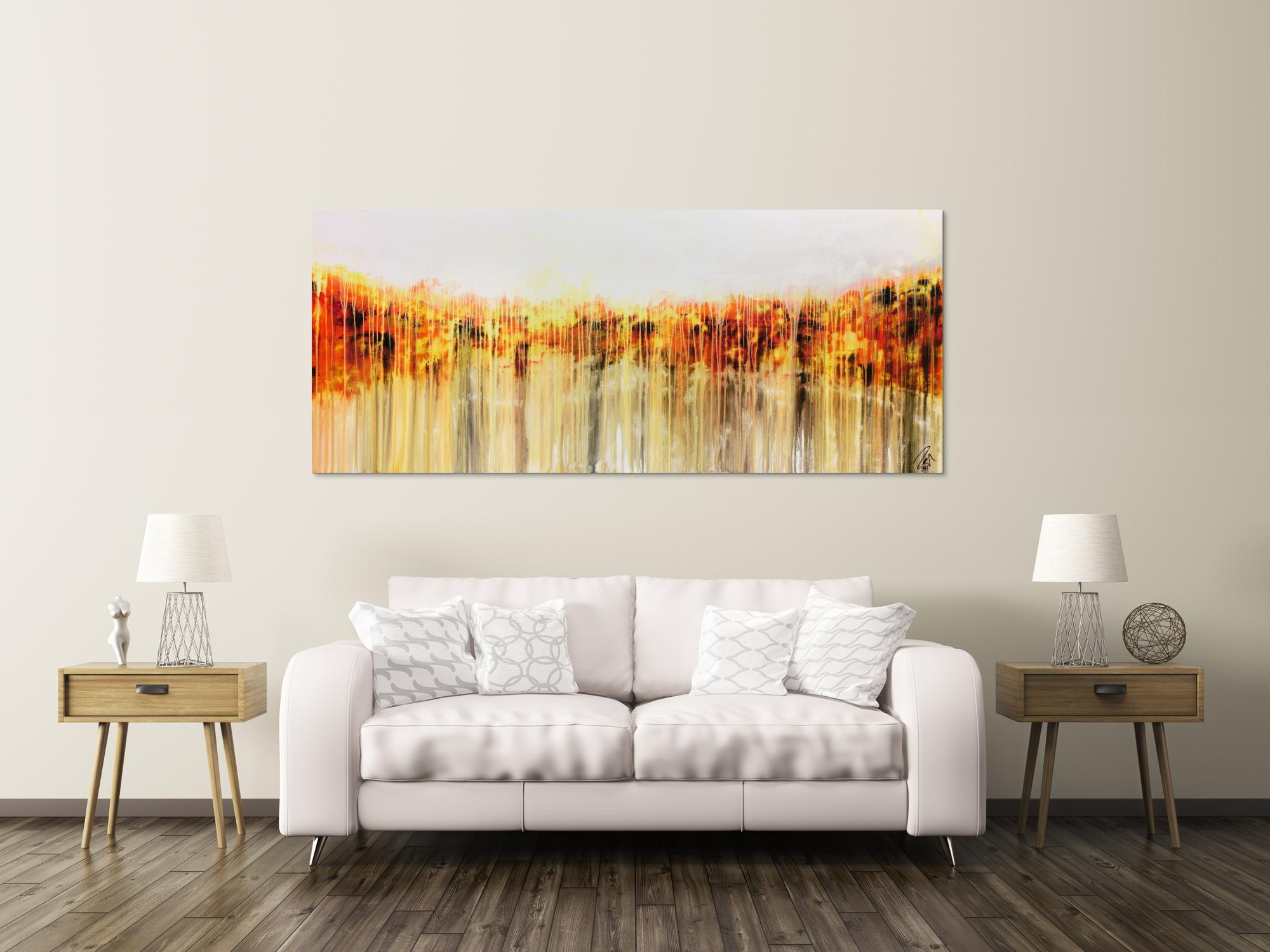Abstraktes Acrylgemälde in orange gel weiß Fließtechnik helle Farben mediterran