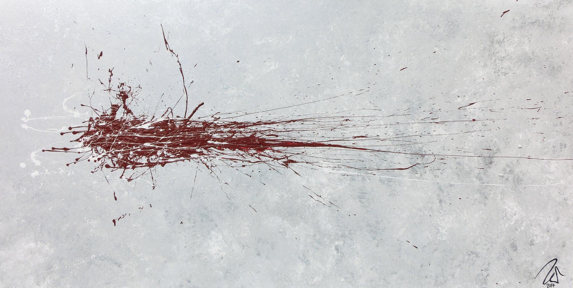 Abstraktes Acrylbild silber grau rot schlicht modern Action Painting