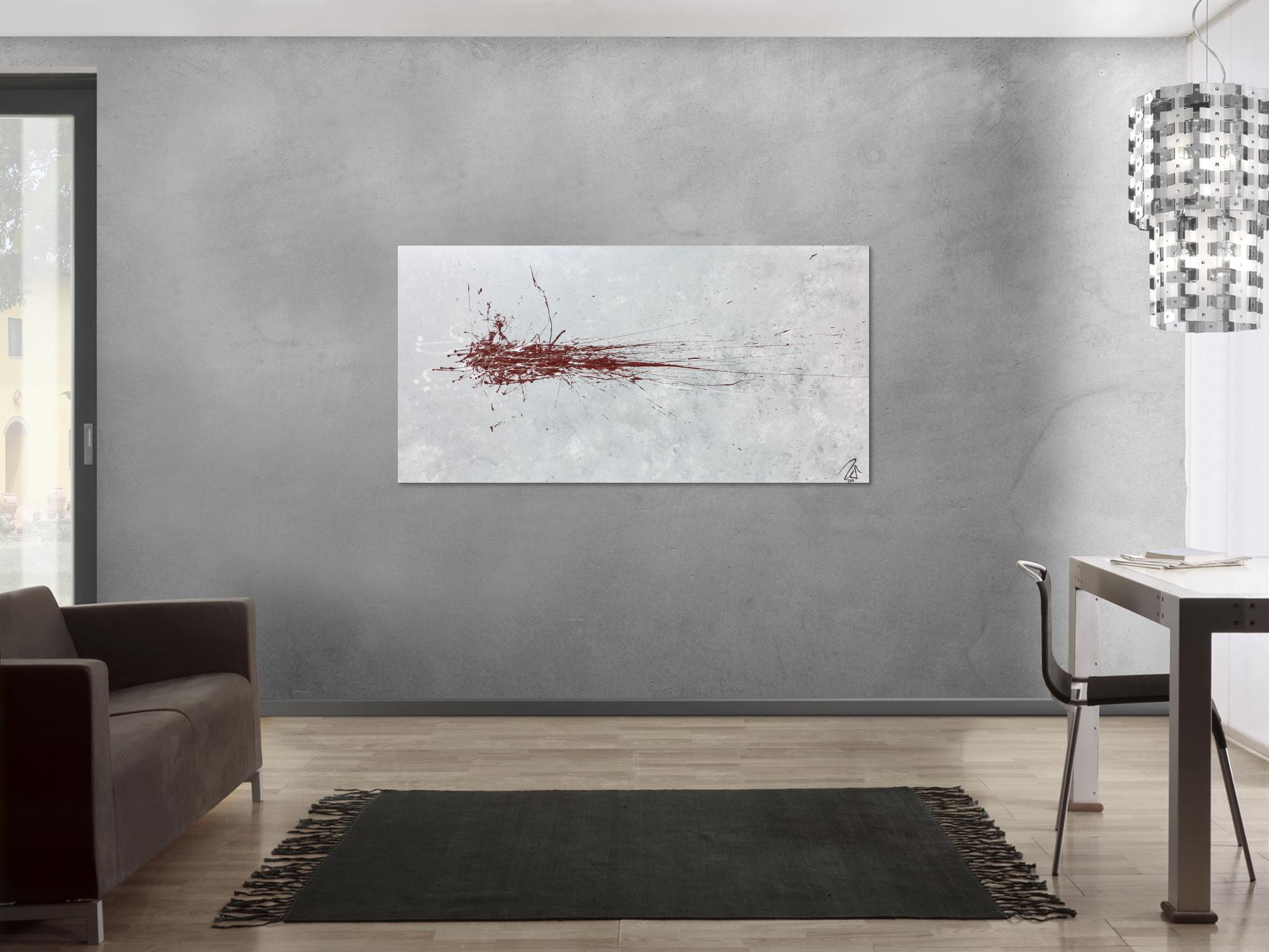 Abstraktes Acrylbild silber grau rot schlicht modern Action Painting
