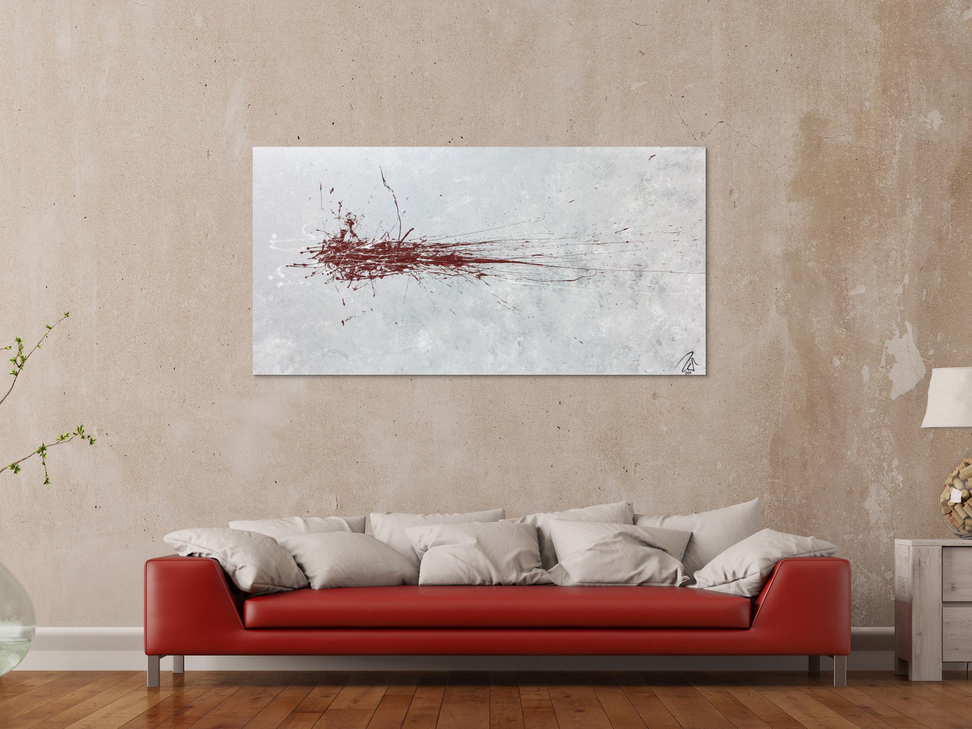 Abstraktes Acrylbild silber grau rot schlicht modern Action Painting