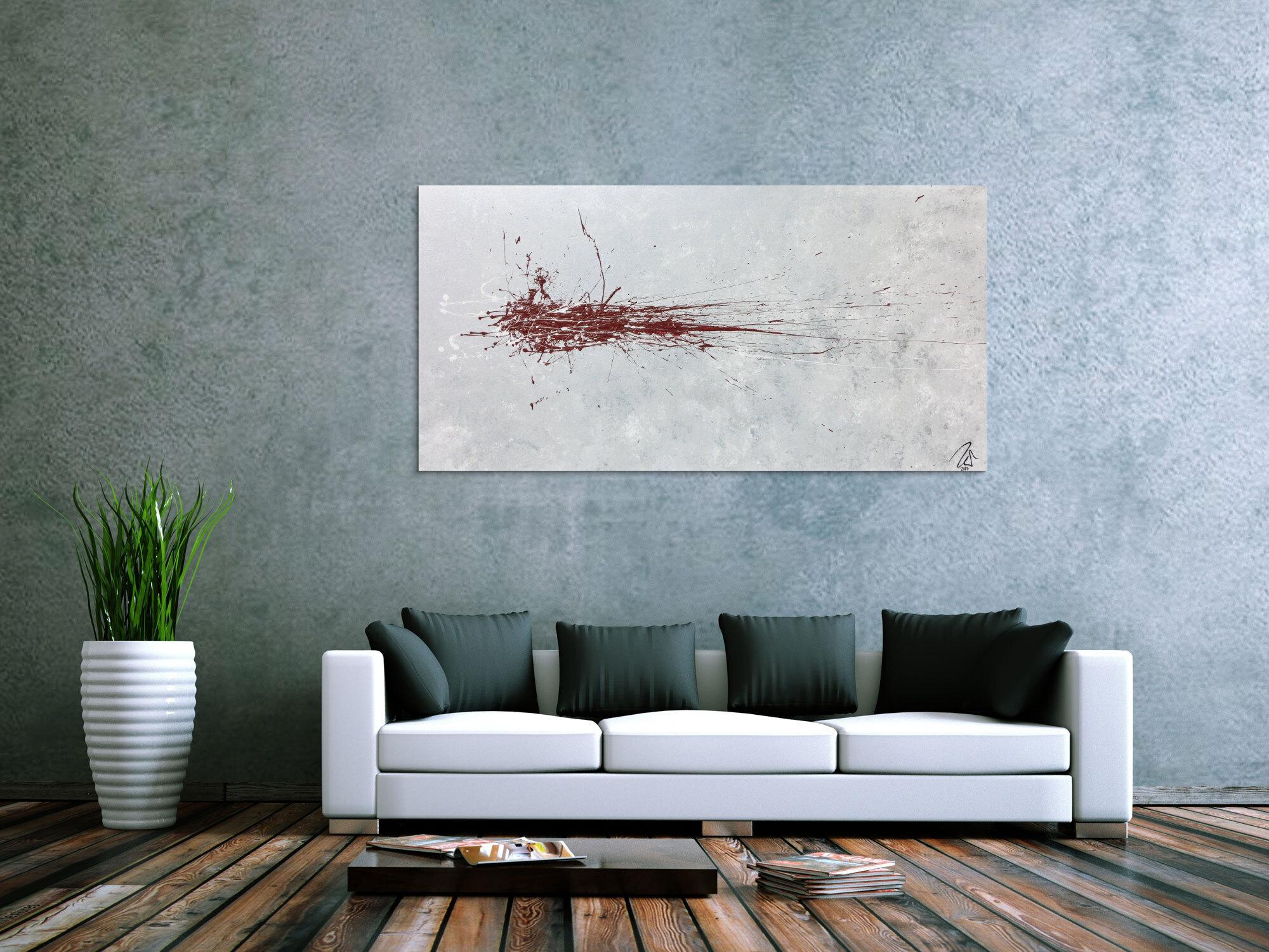 Abstraktes Acrylbild silber grau rot schlicht modern Action Painting