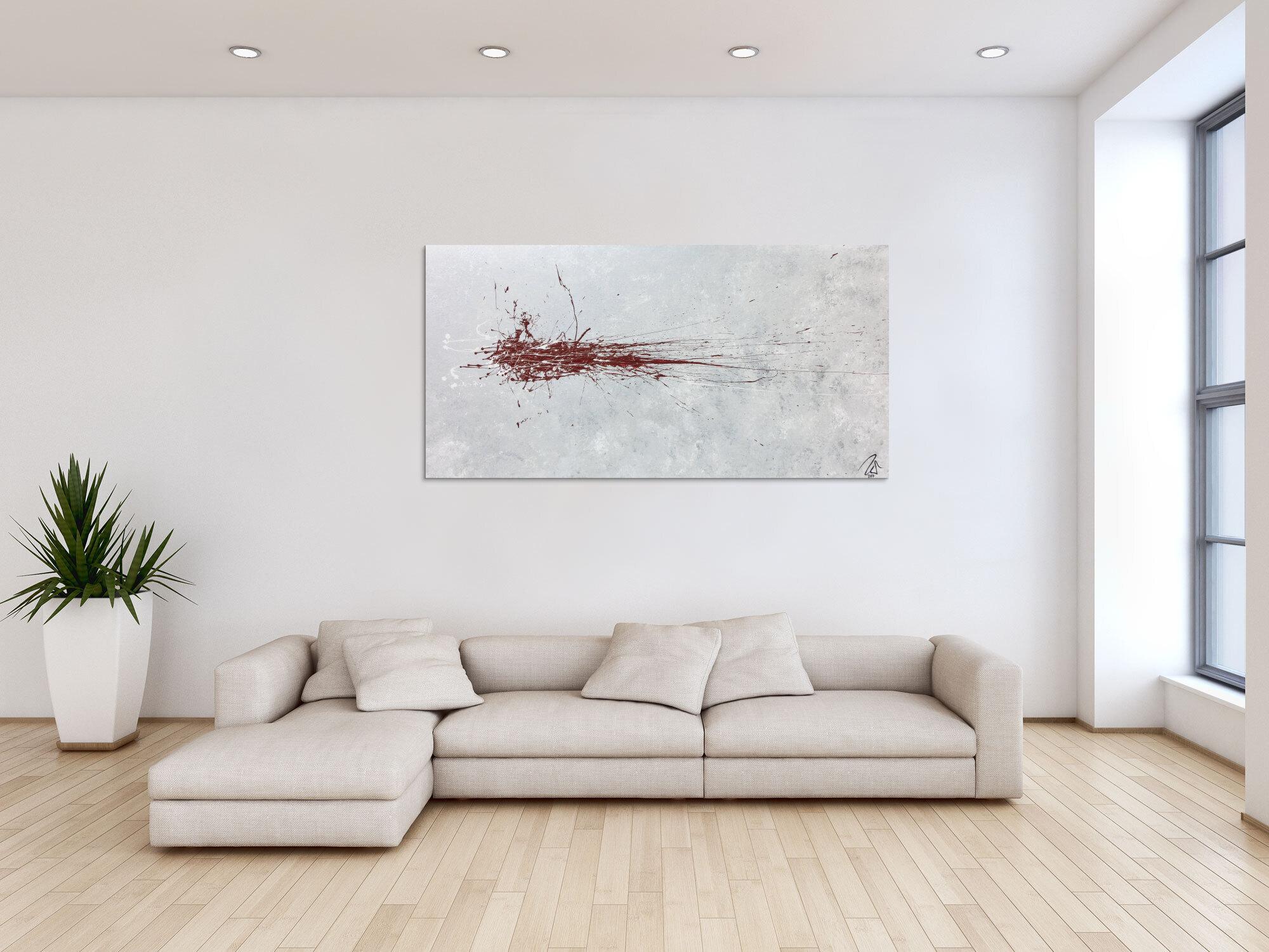Abstraktes Acrylbild silber grau rot schlicht modern Action Painting