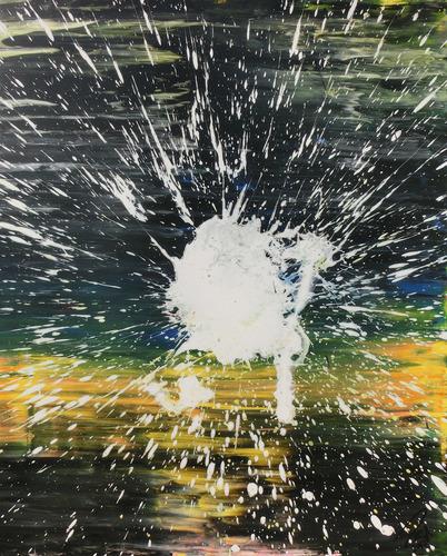 Abstraktes Acrylbild dunkel in schwarz gelb mit weißem Fleck Mischtechnik