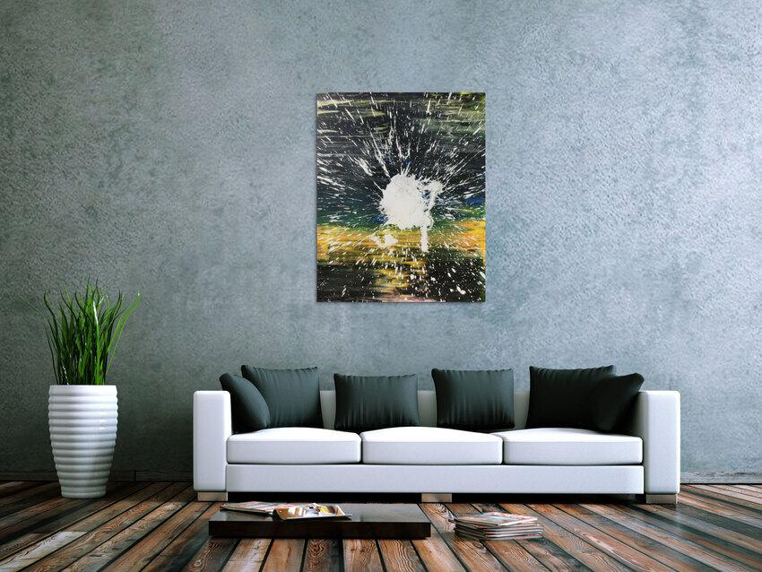 Abstraktes Acrylbild dunkel in schwarz gelb mit weißem Fleck Mischtechnik