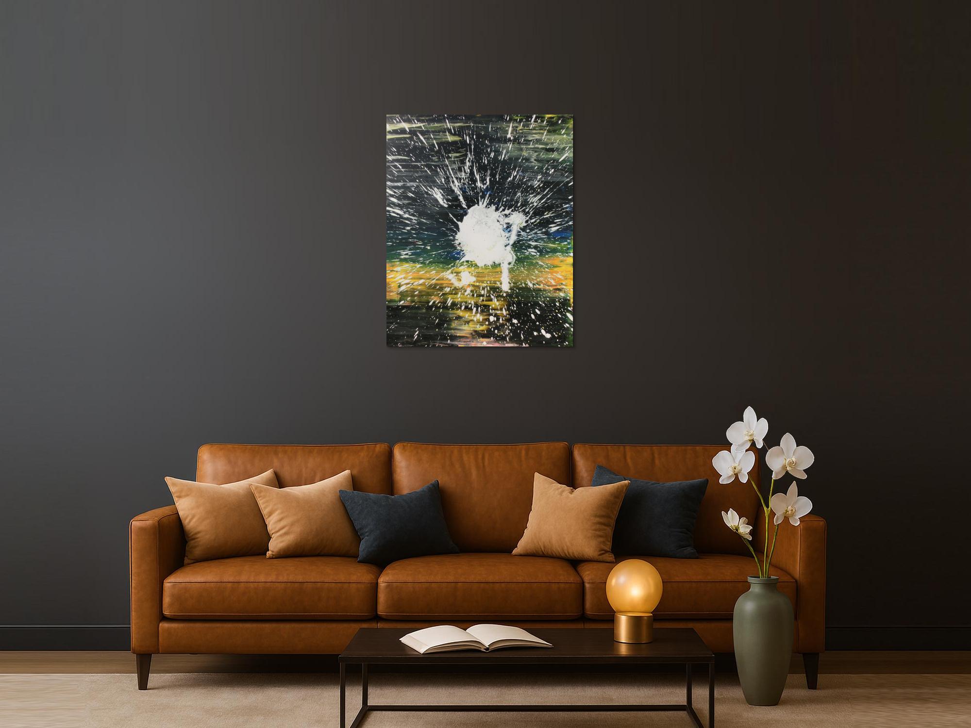 Abstraktes Acrylbild dunkel in schwarz gelb mit weißem Fleck Mischtechnik