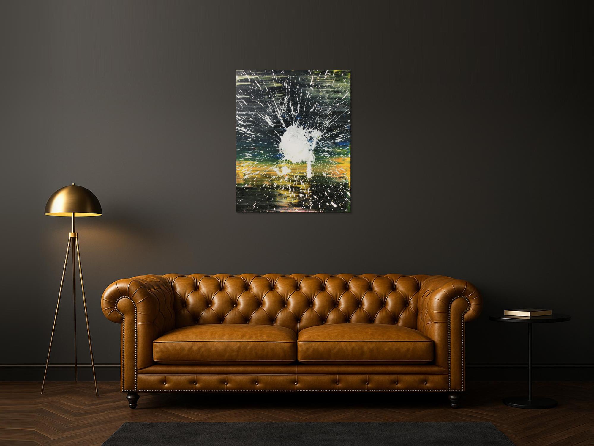 Abstraktes Acrylbild dunkel in schwarz gelb mit weißem Fleck Mischtechnik