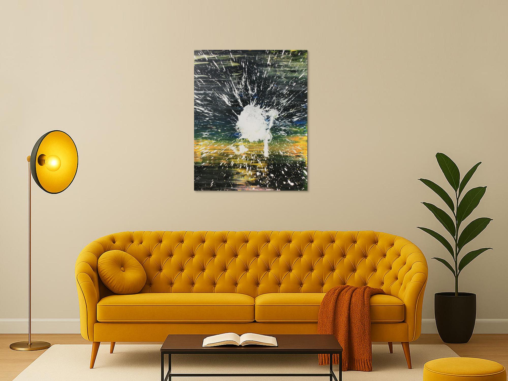 Abstraktes Acrylbild dunkel in schwarz gelb mit weißem Fleck Mischtechnik