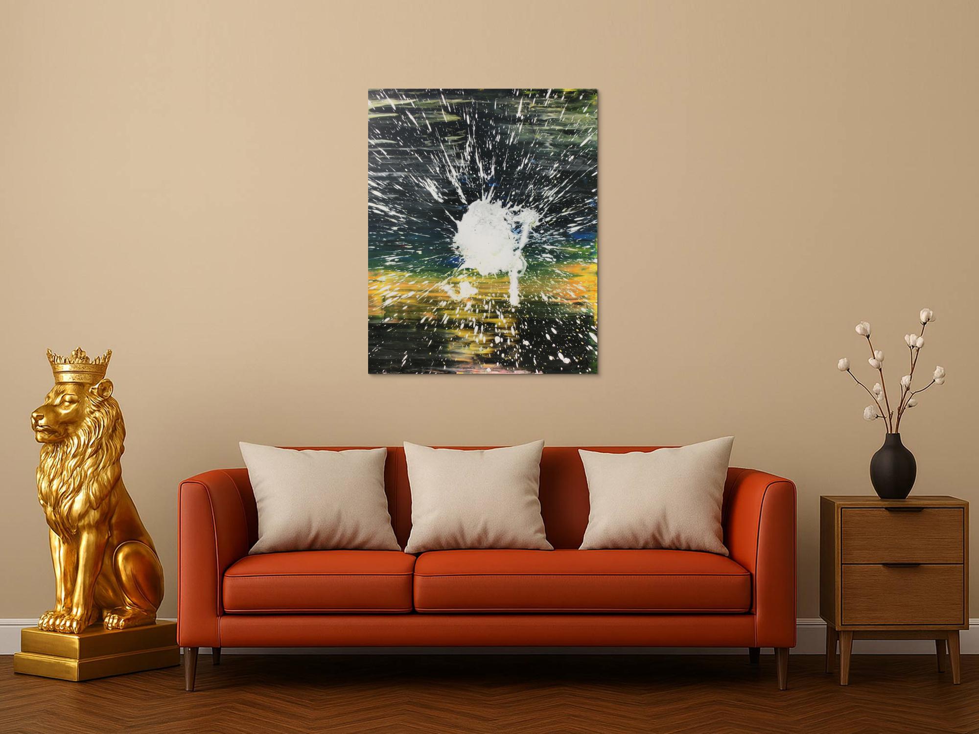 Abstraktes Acrylbild dunkel in schwarz gelb mit weißem Fleck Mischtechnik