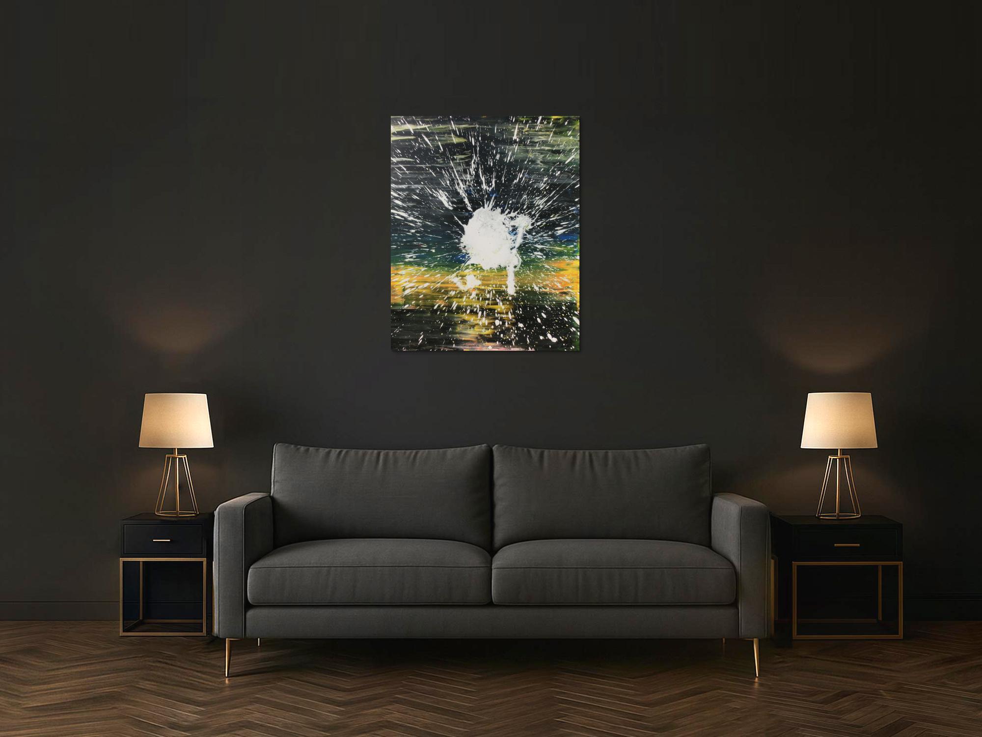 Abstraktes Acrylbild dunkel in schwarz gelb mit weißem Fleck Mischtechnik