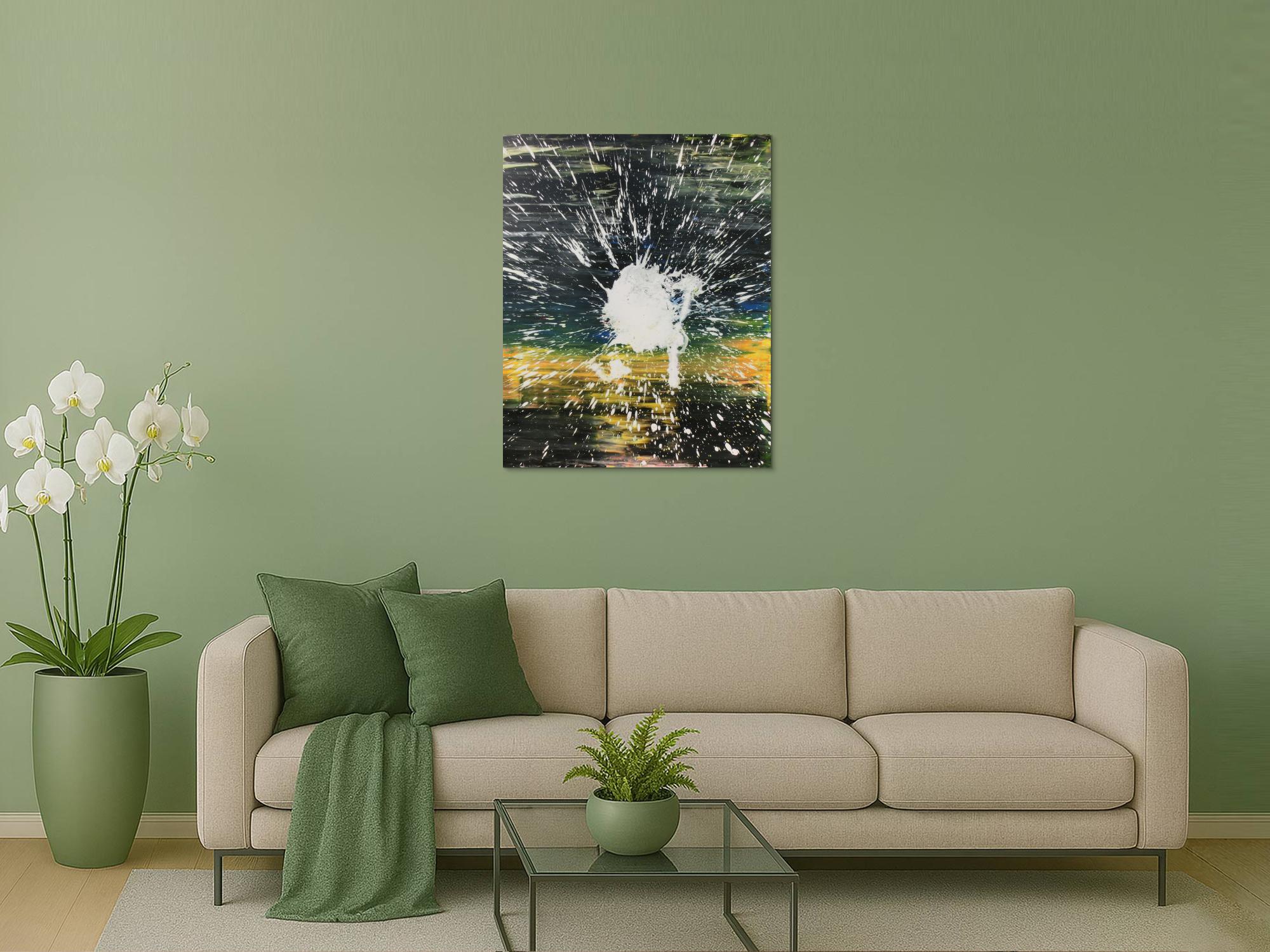 Abstraktes Acrylbild dunkel in schwarz gelb mit weißem Fleck Mischtechnik