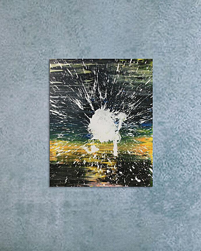Abstraktes Acrylbild dunkel in schwarz gelb mit weißem Fleck Mischtechnik