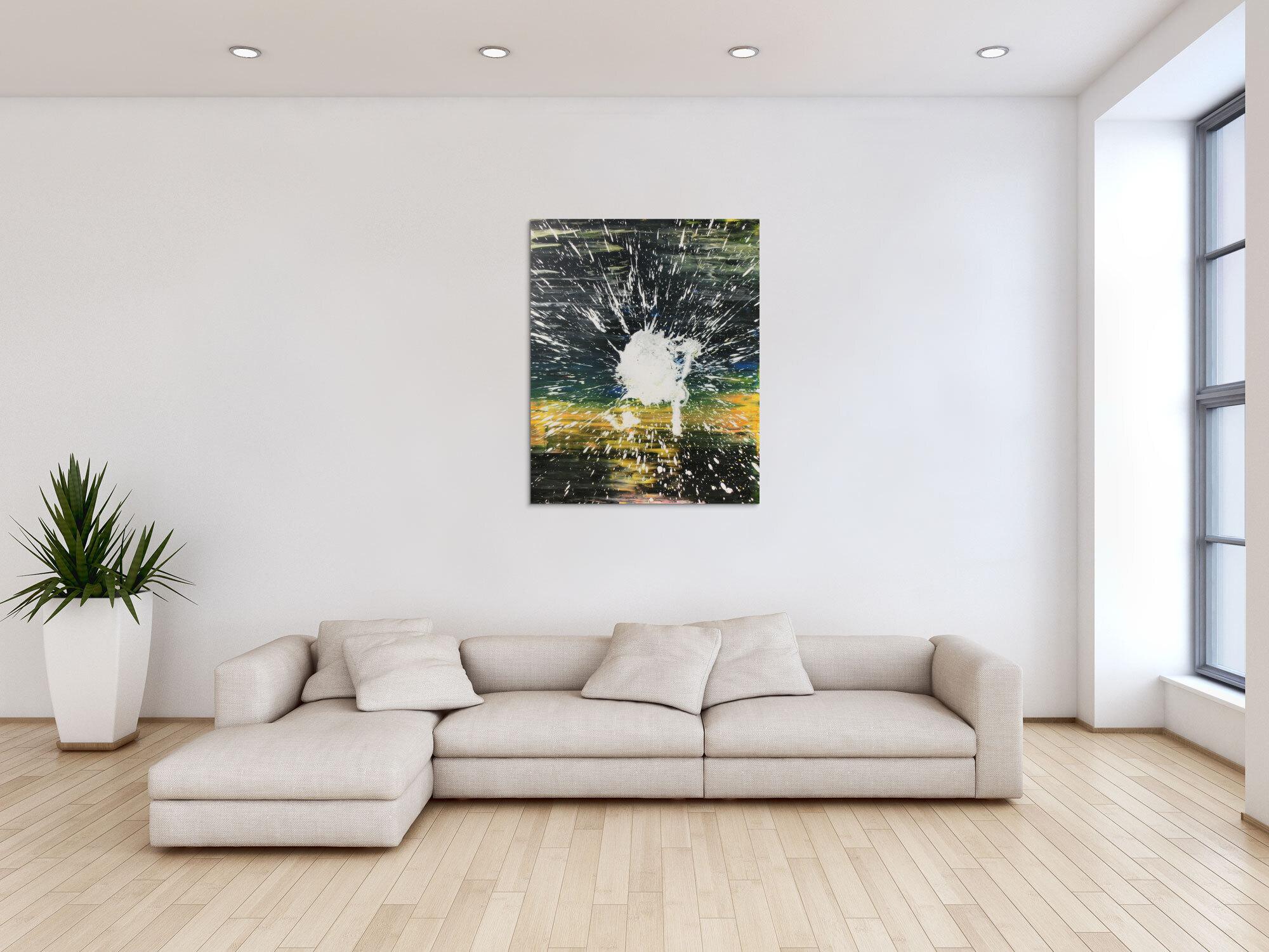 Abstraktes Acrylbild dunkel in schwarz gelb mit weißem Fleck Mischtechnik