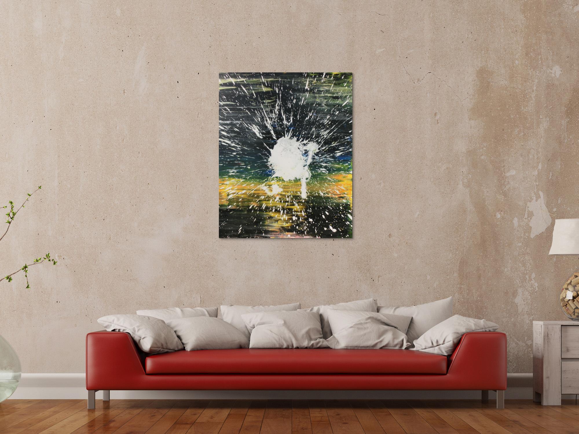 Abstraktes Acrylbild dunkel in schwarz gelb mit weißem Fleck Mischtechnik