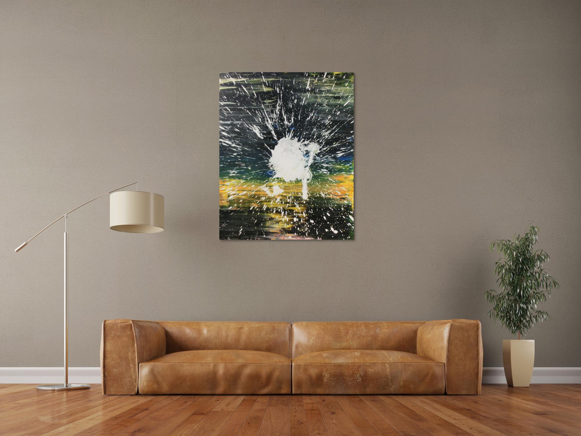 Abstraktes Acrylbild dunkel in schwarz gelb mit weißem Fleck Mischtechnik