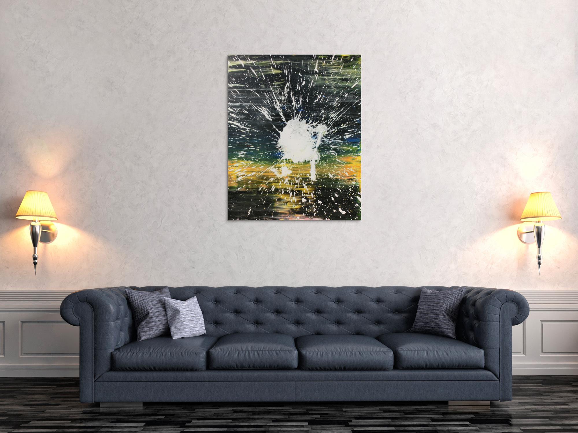 Abstraktes Acrylbild dunkel in schwarz gelb mit weißem Fleck Mischtechnik