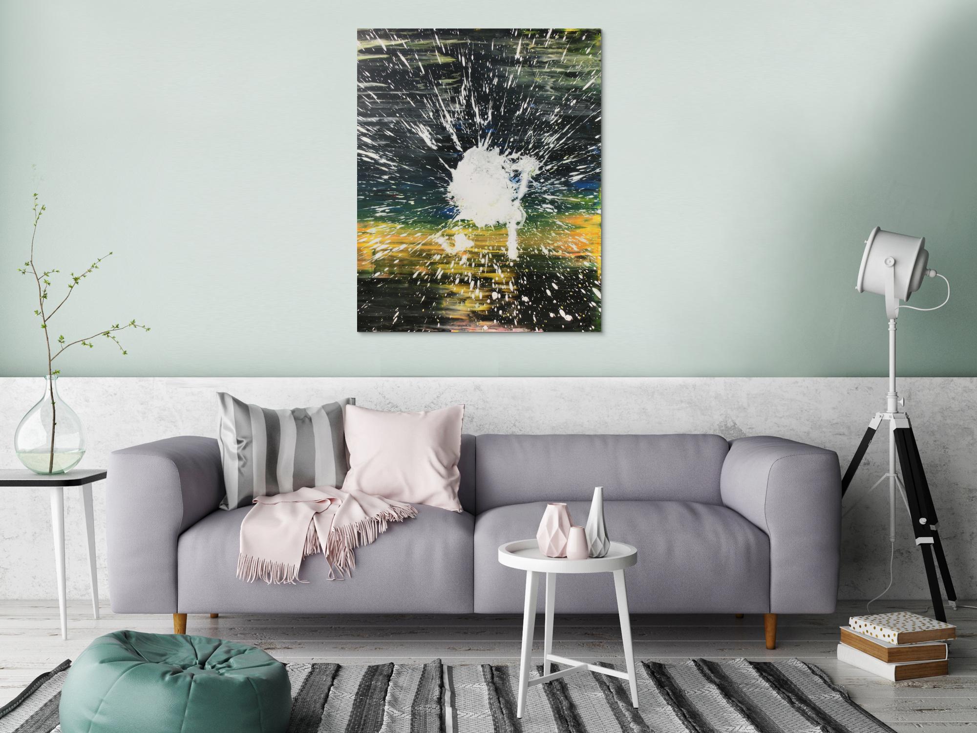 Abstraktes Acrylbild dunkel in schwarz gelb mit weißem Fleck Mischtechnik