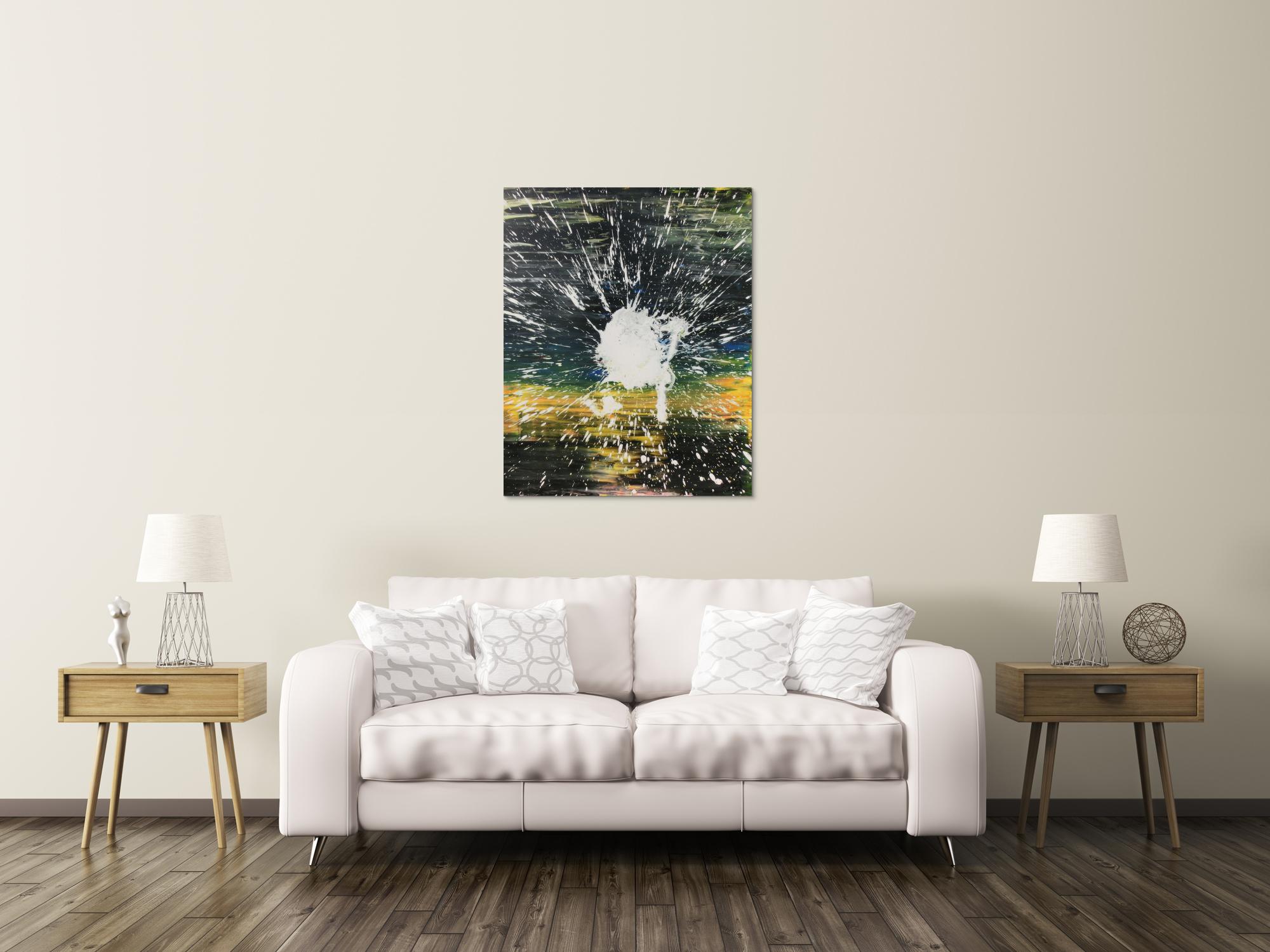 Abstraktes Acrylbild dunkel in schwarz gelb mit weißem Fleck Mischtechnik