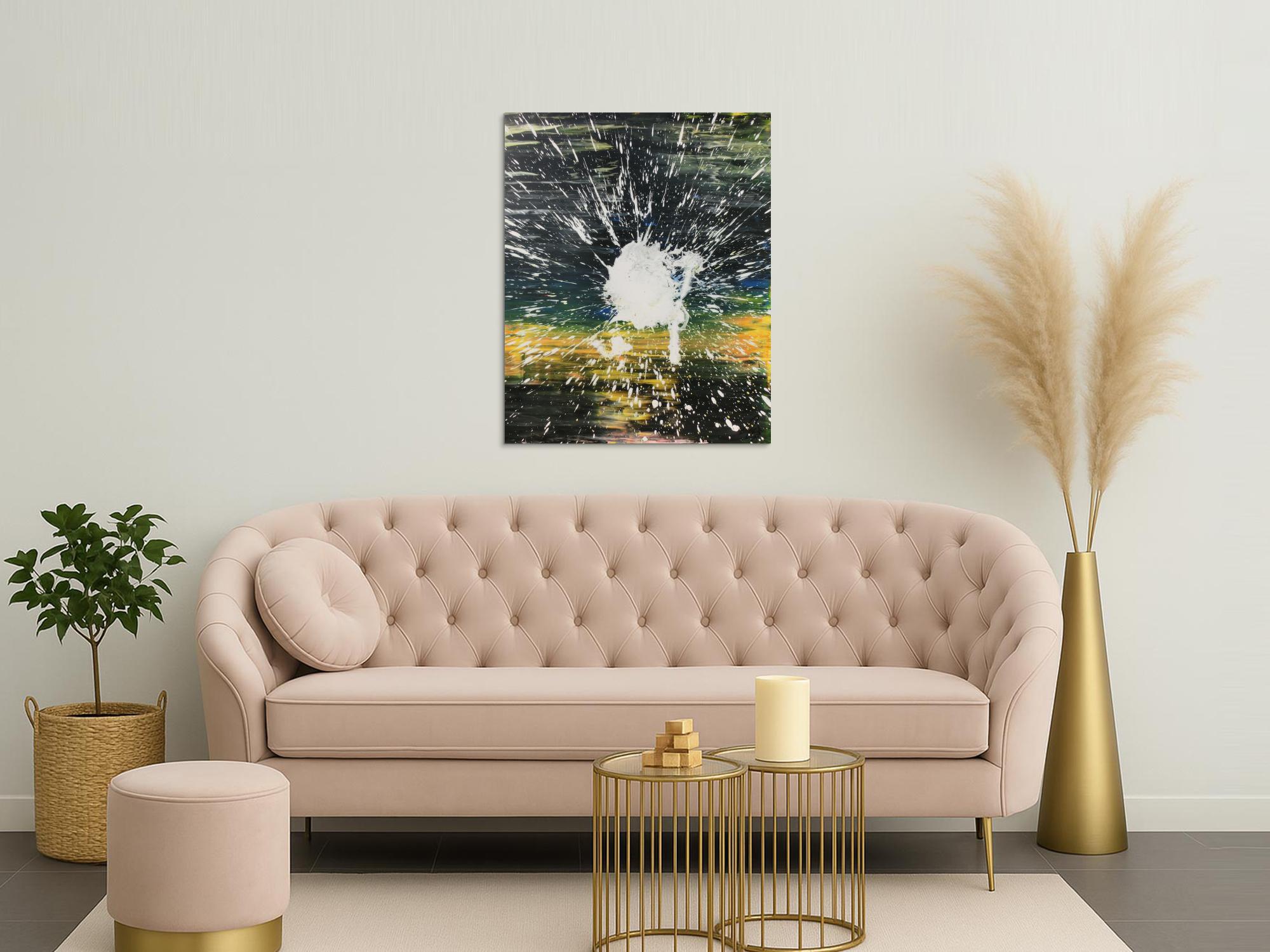 Abstraktes Acrylbild dunkel in schwarz gelb mit weißem Fleck Mischtechnik