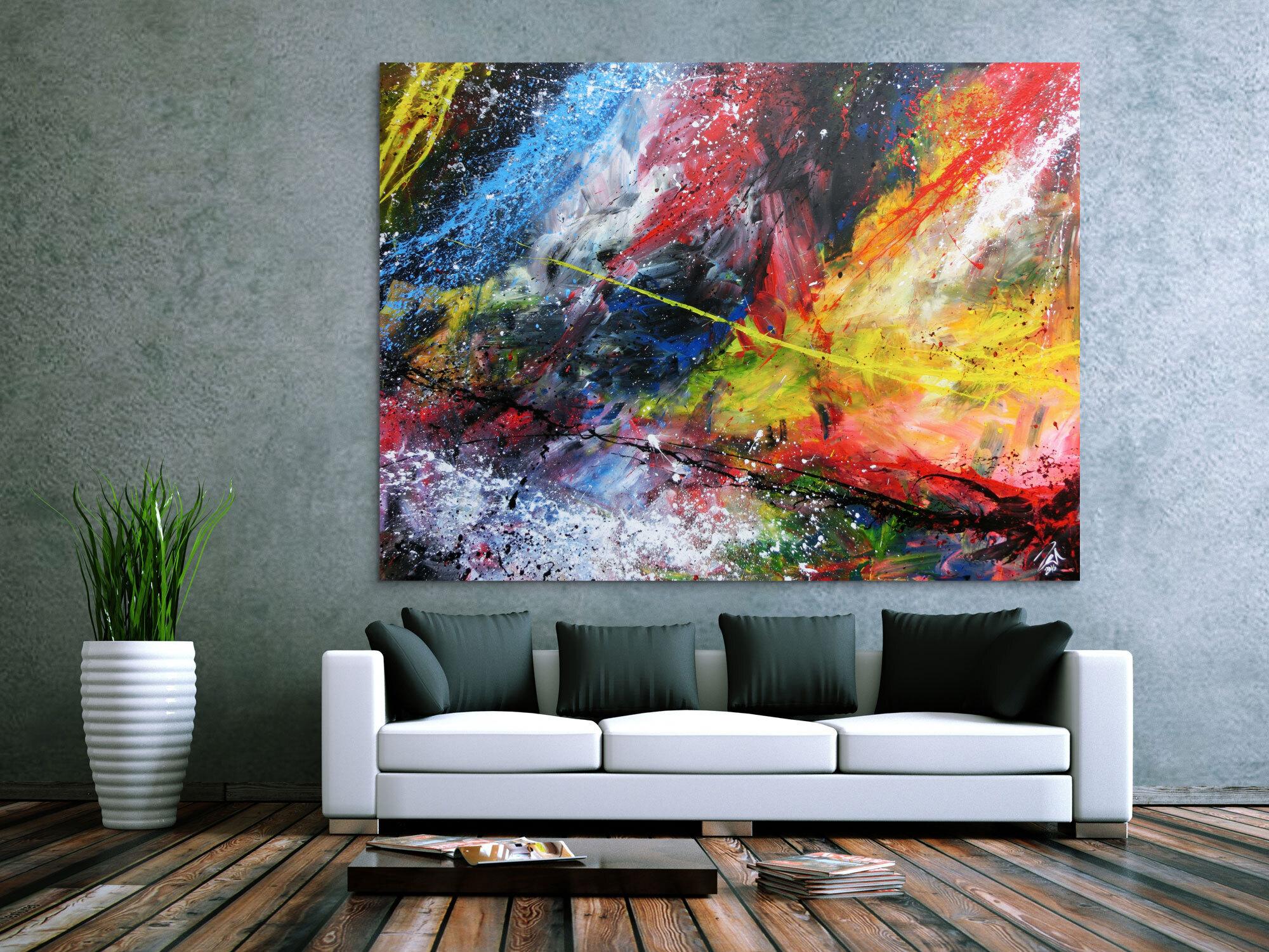 Abstraktes Acrylbild groß sehr bunt modern Action Painting